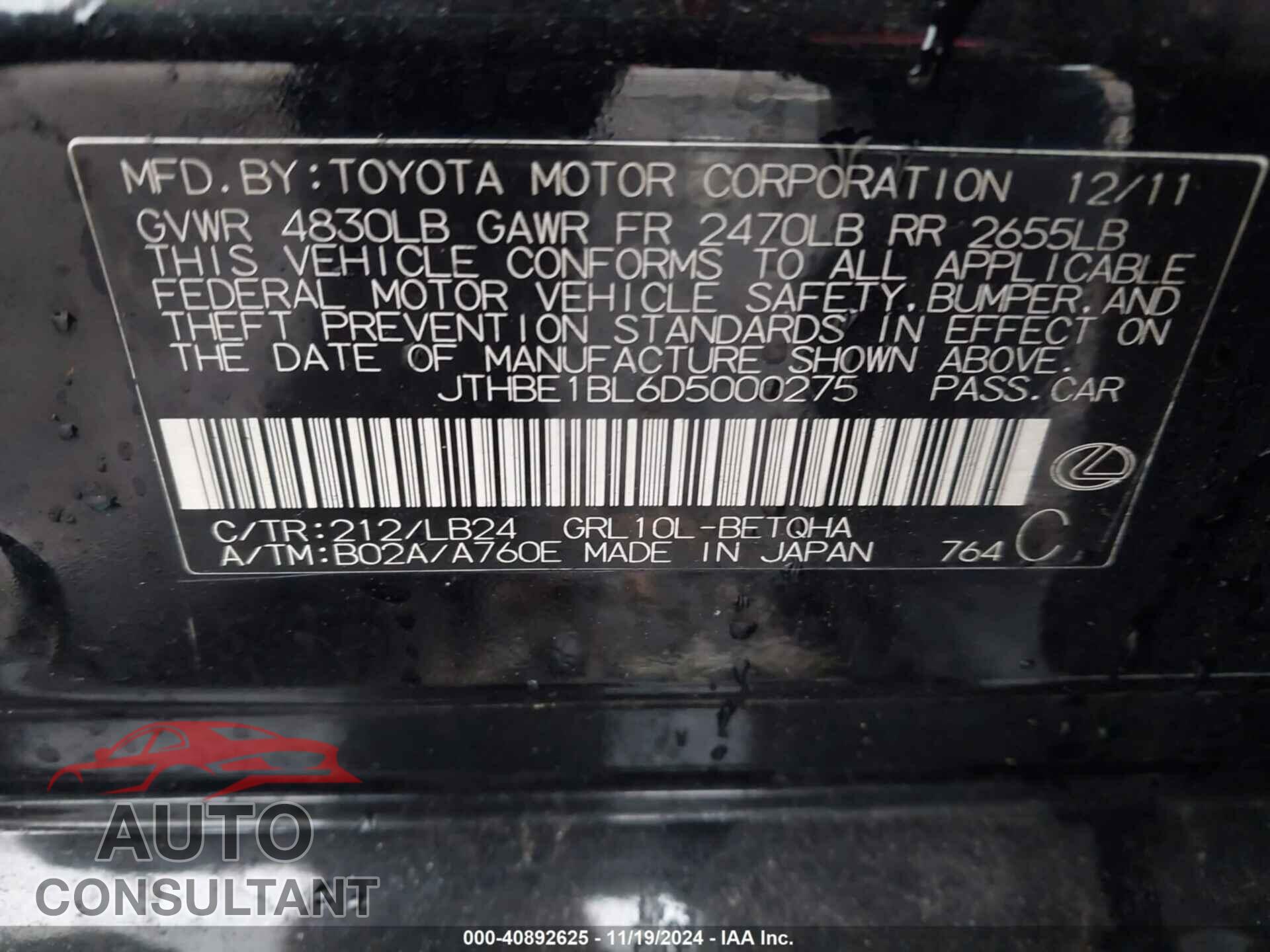 LEXUS GS 2013 - JTHBE1BL6D5000275