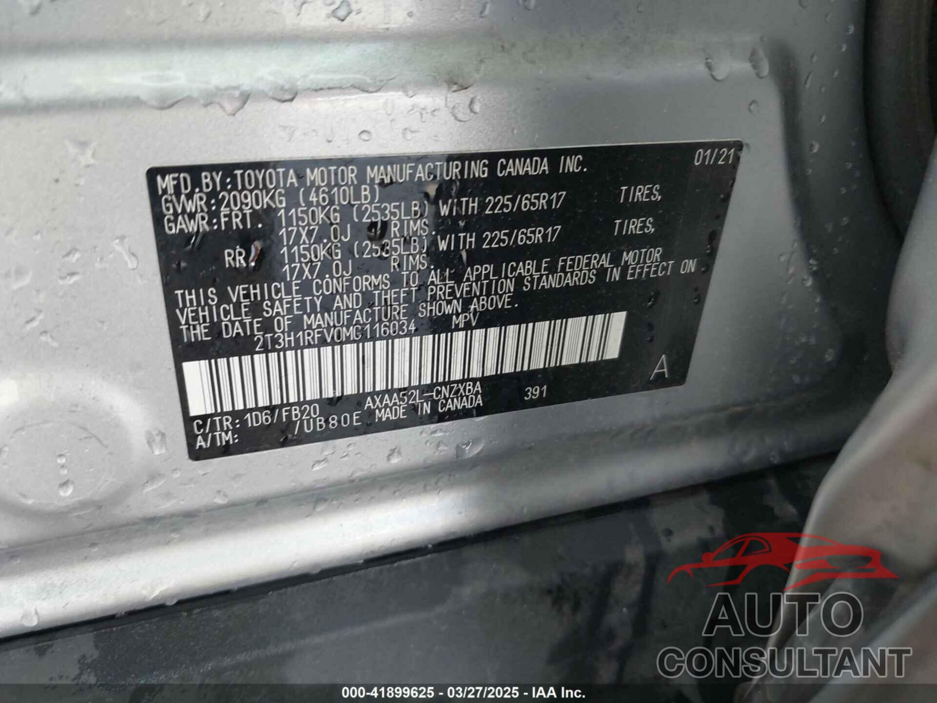 TOYOTA RAV4 2021 - 2T3H1RFV0MC116034
