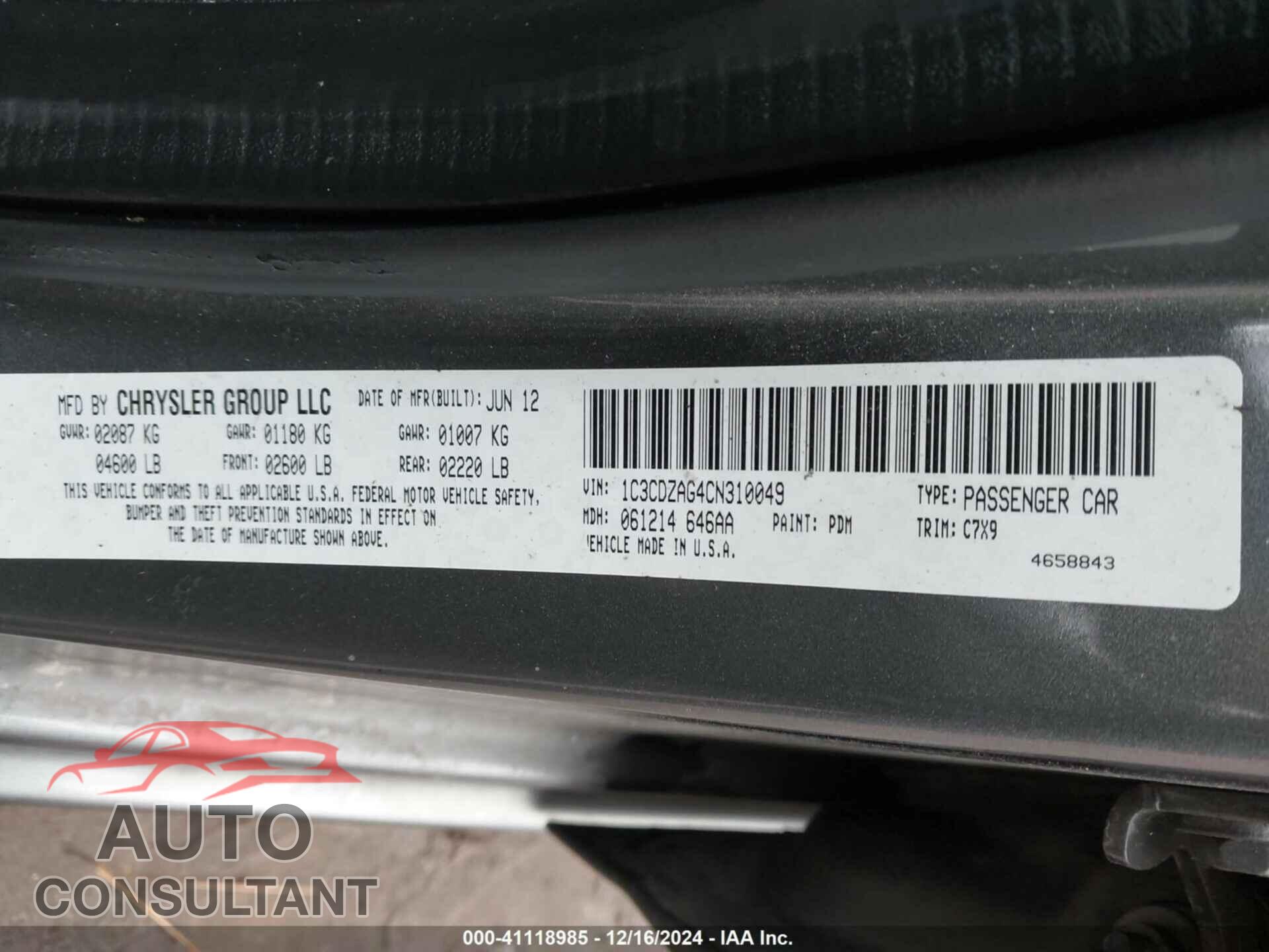 DODGE AVENGER 2012 - 1C3CDZAG4CN310049