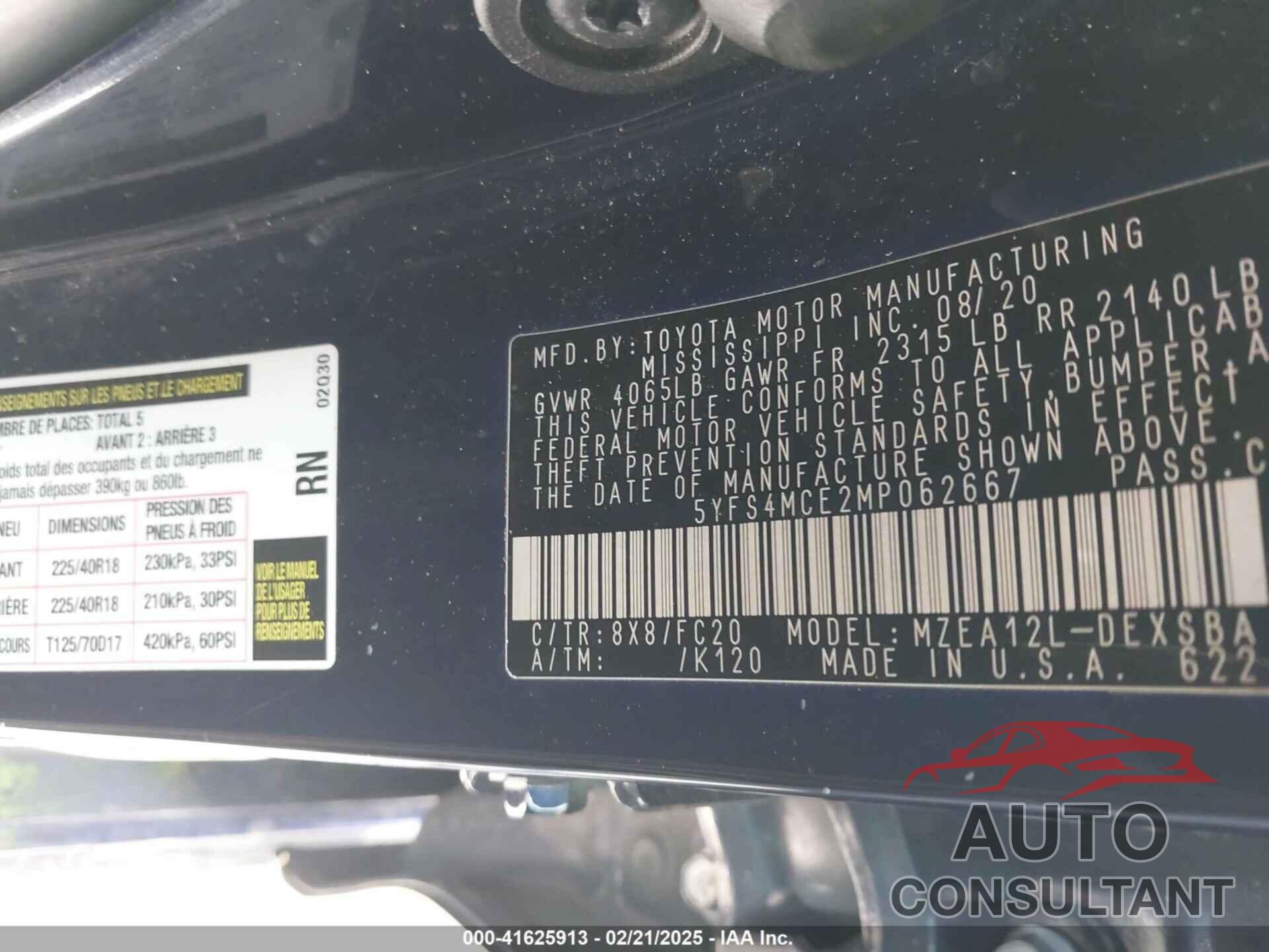 TOYOTA COROLLA 2021 - 5YFS4MCE2MP062667