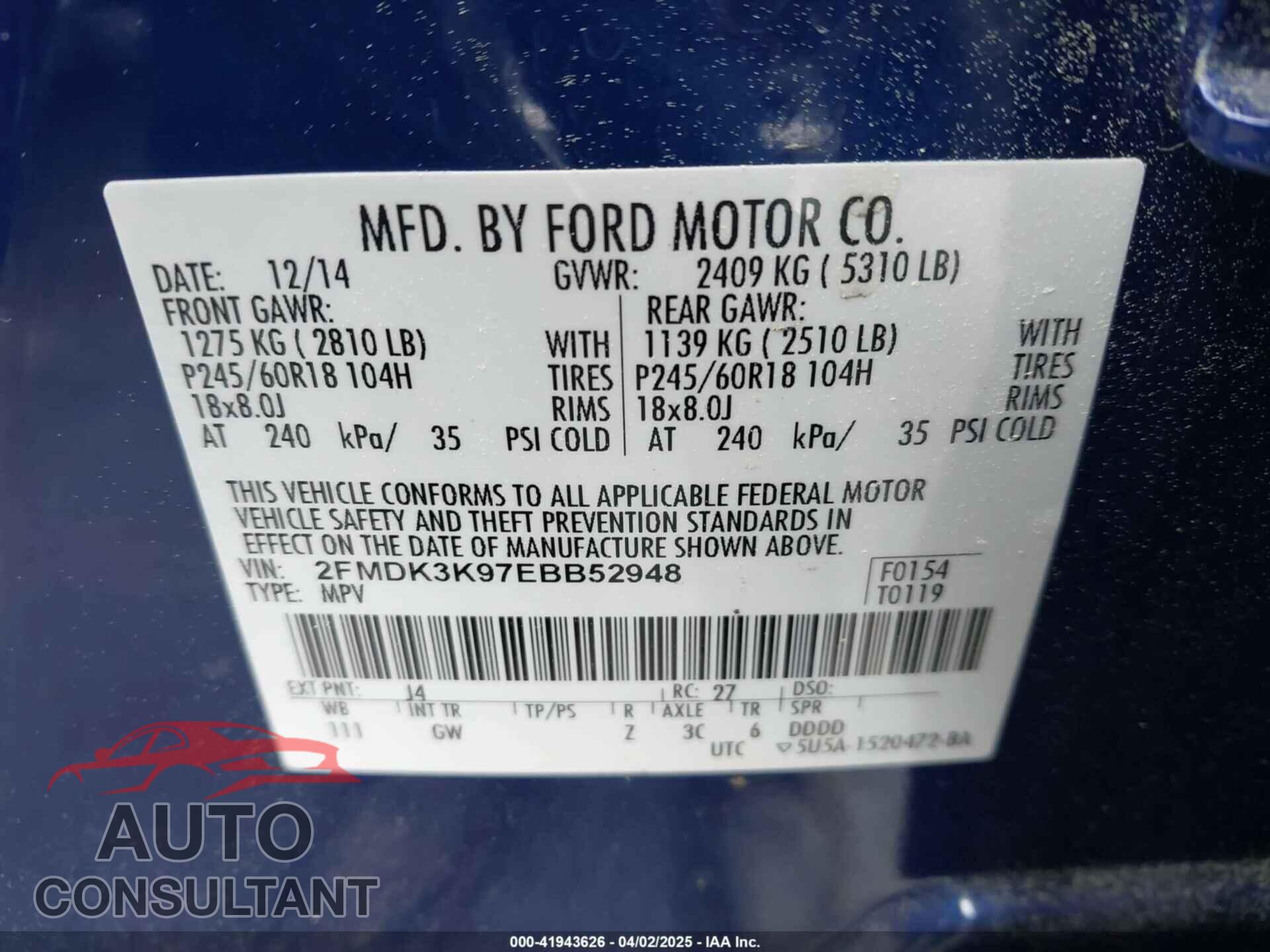 FORD EDGE 2014 - 2FMDK3K97EBB52948