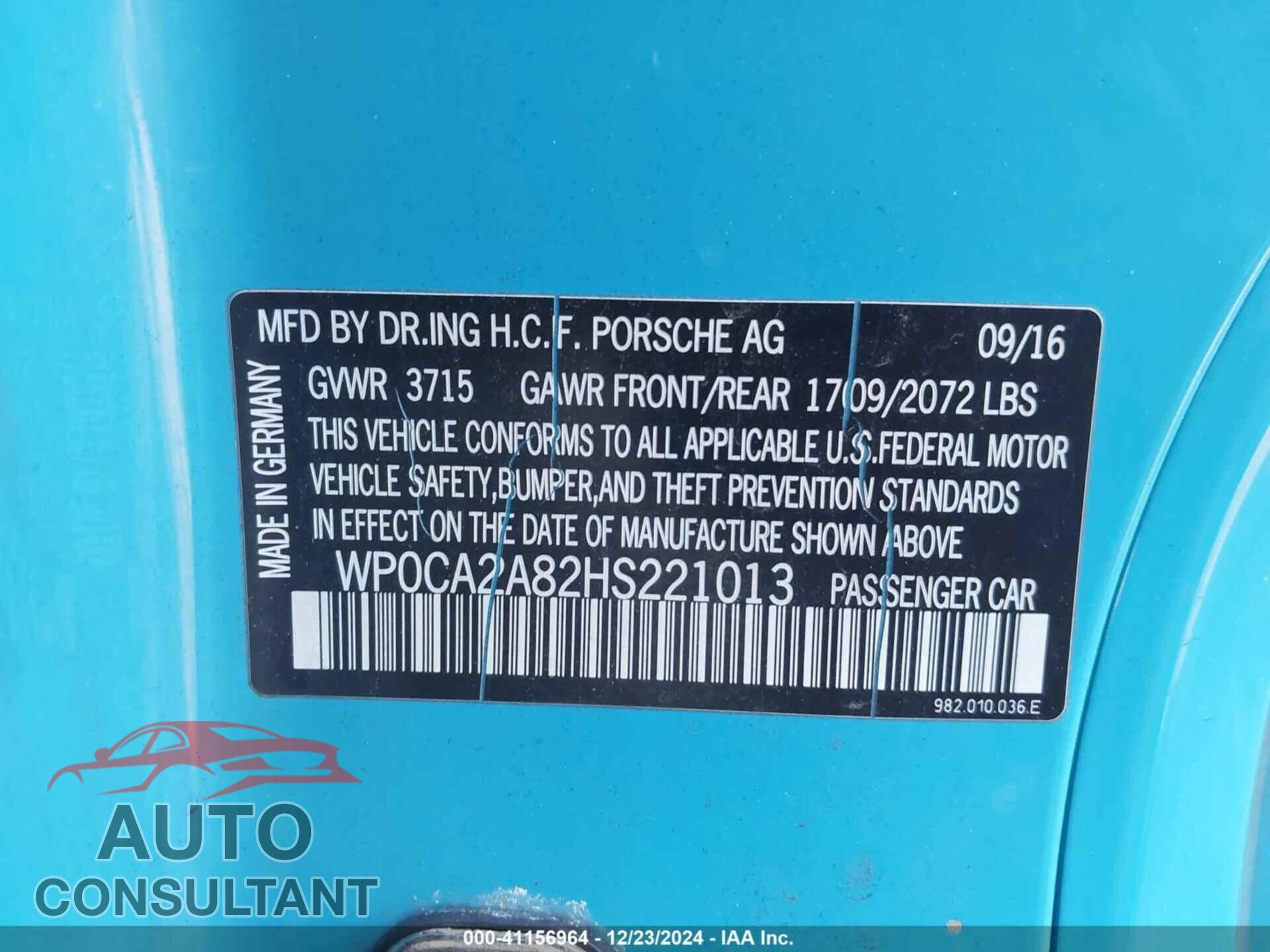 PORSCHE 718 BOXSTER 2017 - WP0CA2A82HS221013