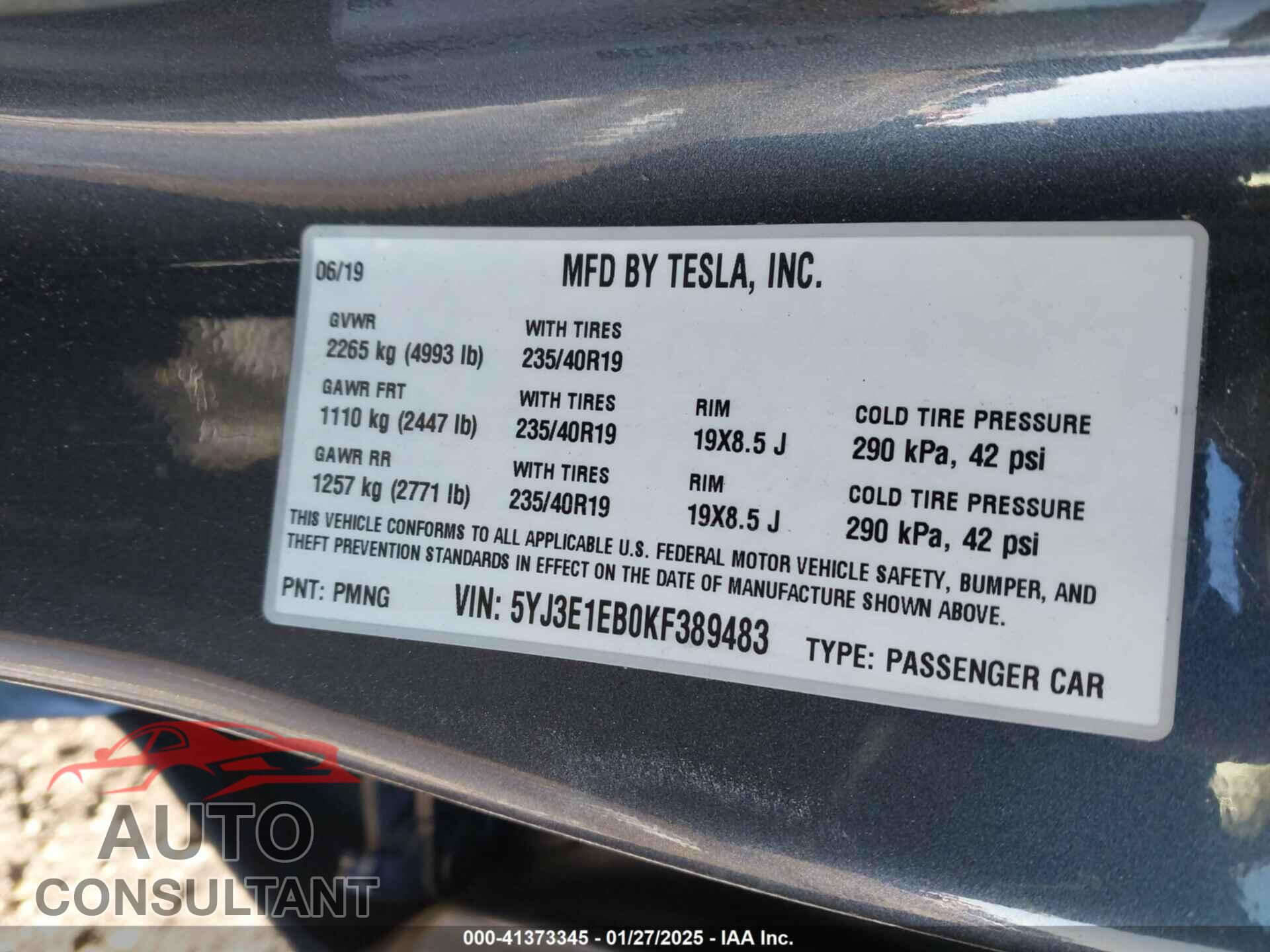 TESLA MODEL 3 2019 - 5YJ3E1EB0KF389483