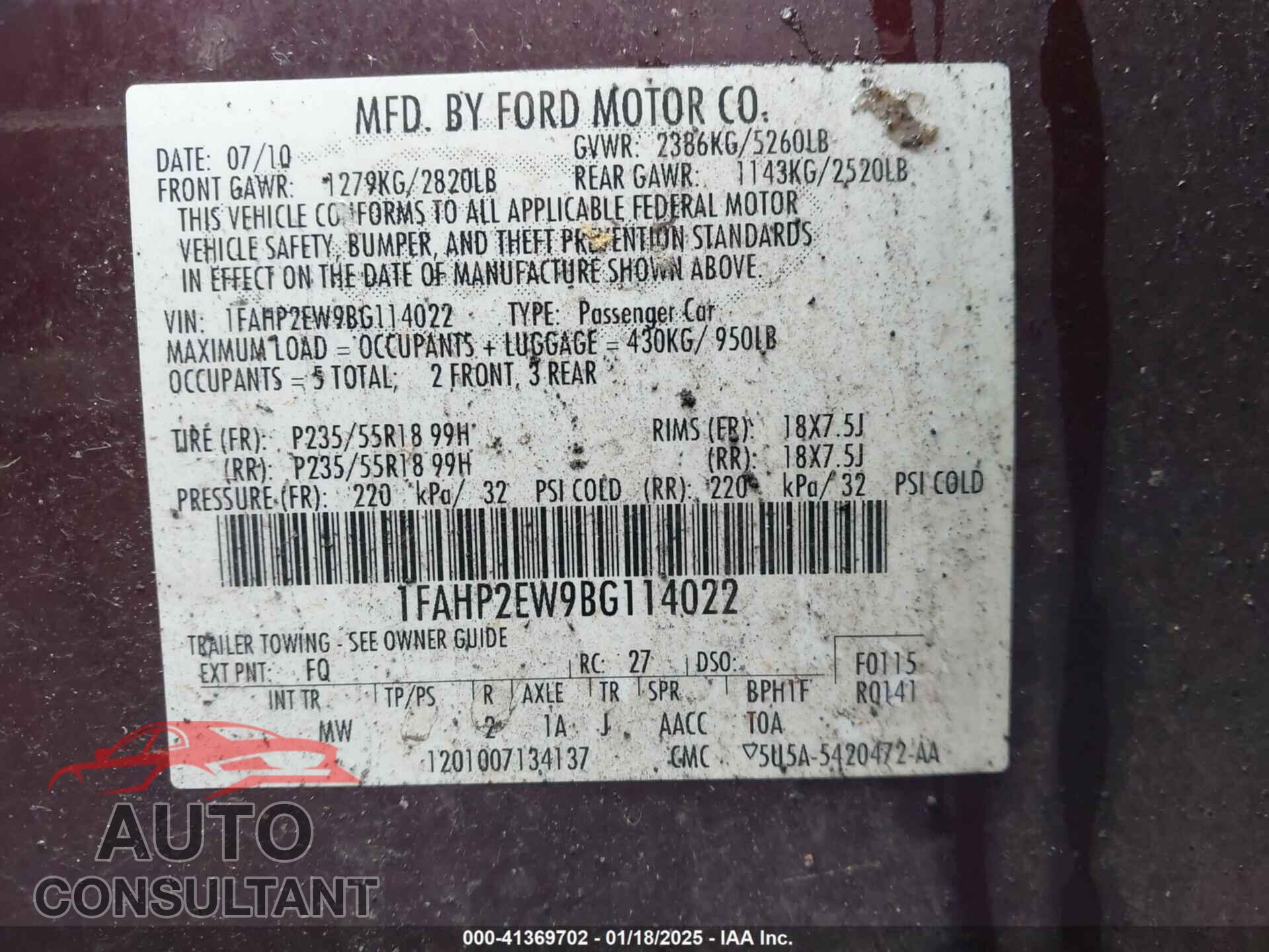 FORD TAURUS 2011 - 1FAHP2EW9BG114022