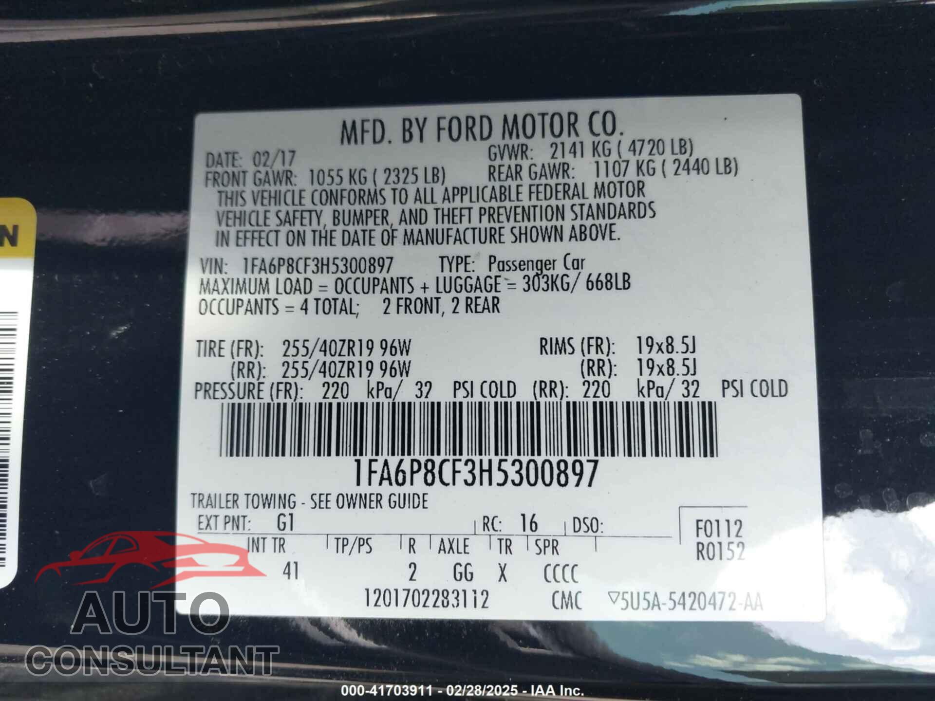 FORD MUSTANG 2017 - 1FA6P8CF3H5300897