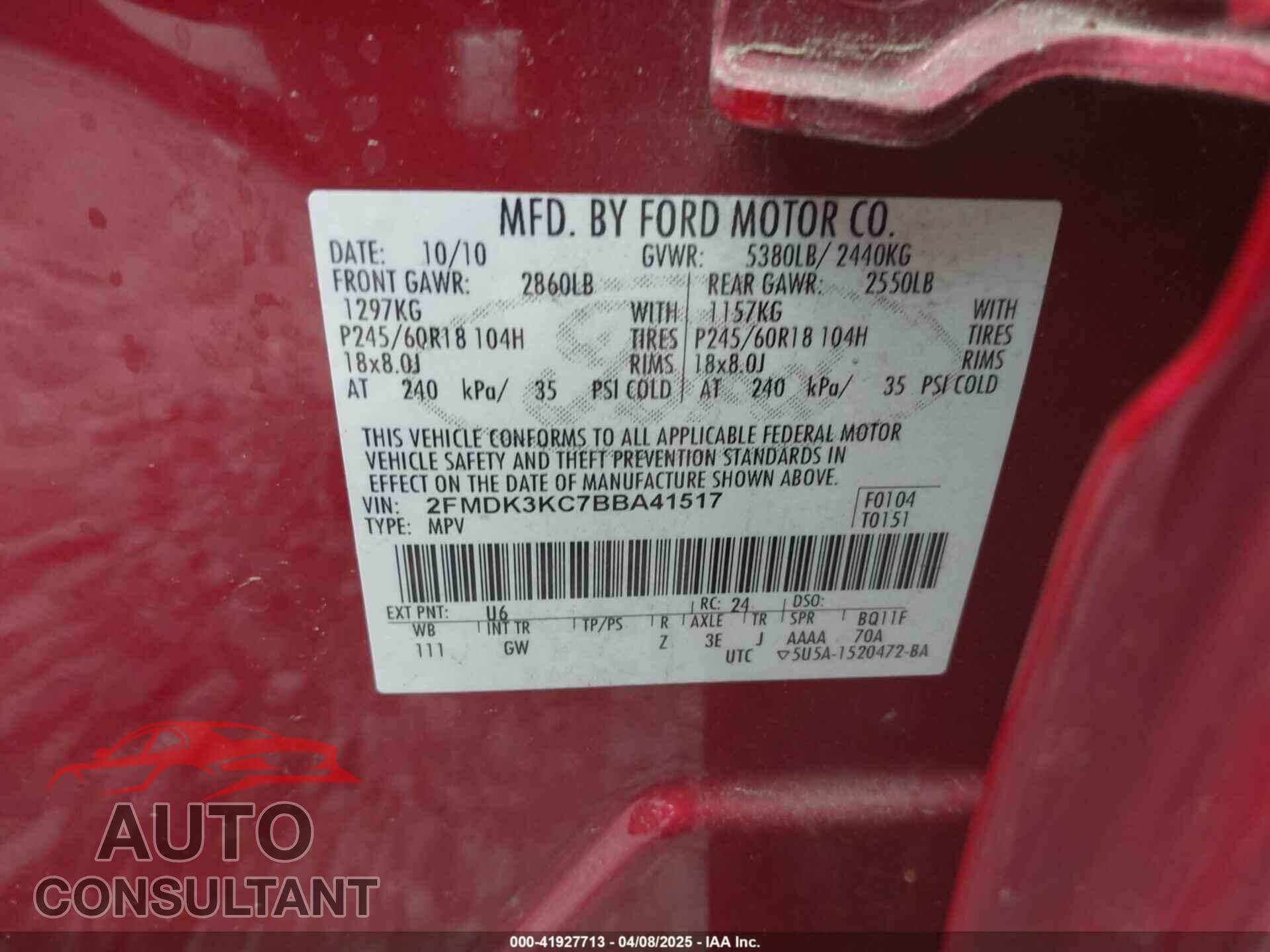 FORD EDGE 2011 - 2FMDK3KC7BBA41517