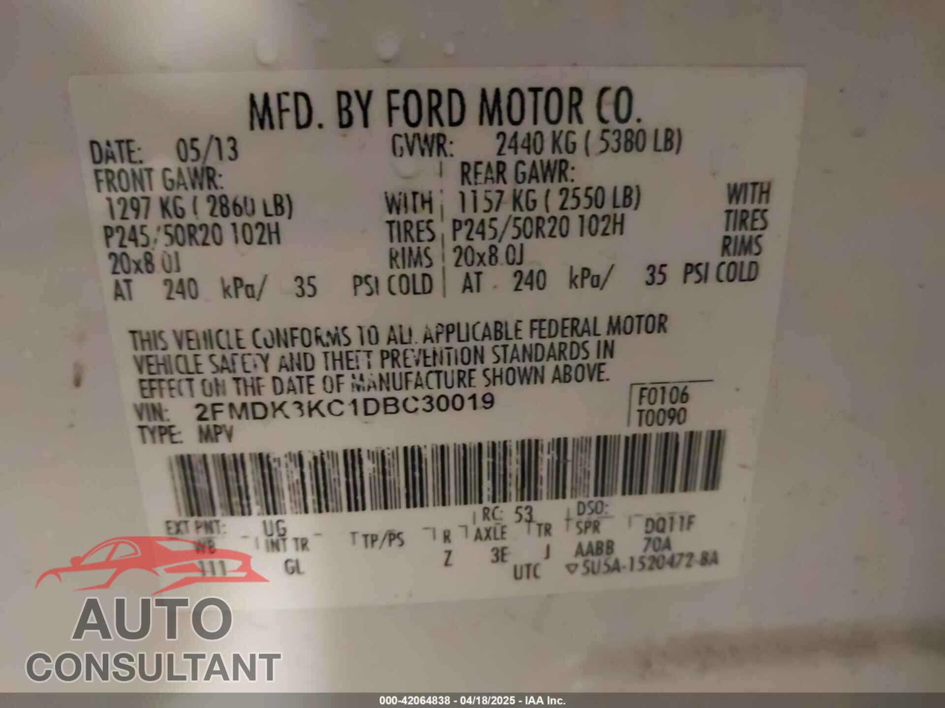 FORD EDGE 2013 - 2FMDK3KC1DBC30019