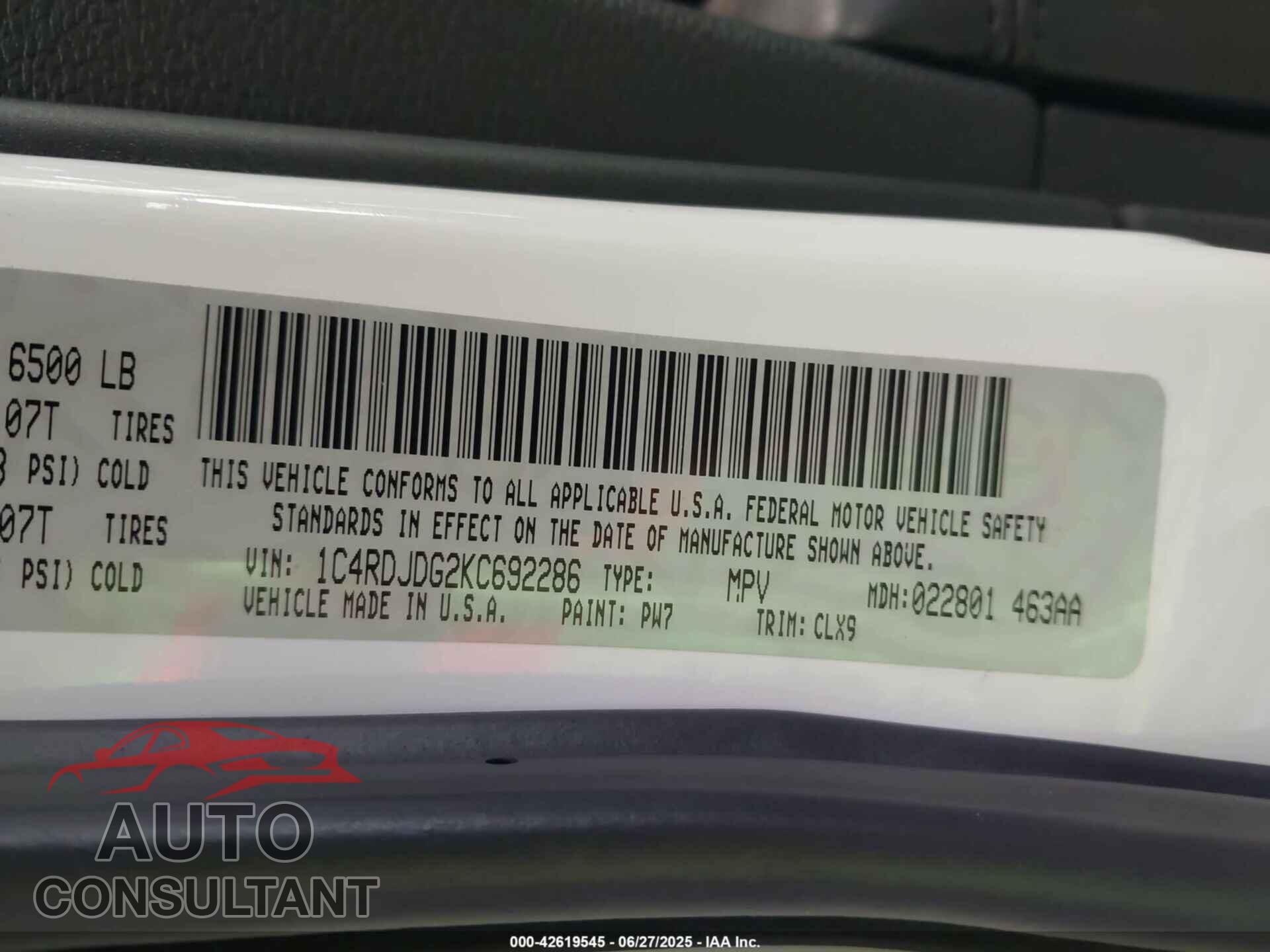 DODGE DURANGO 2019 - 1C4RDJDG2KC692286