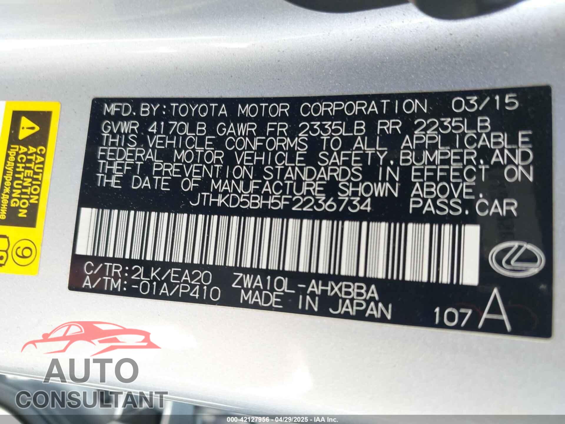LEXUS CT 200H 2015 - JTHKD5BH5F2236734