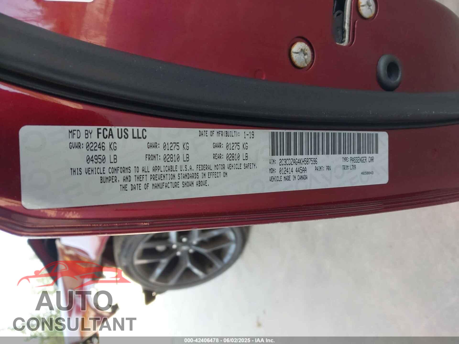 DODGE CHALLENGER 2019 - 2C3CDZAG4KH587596