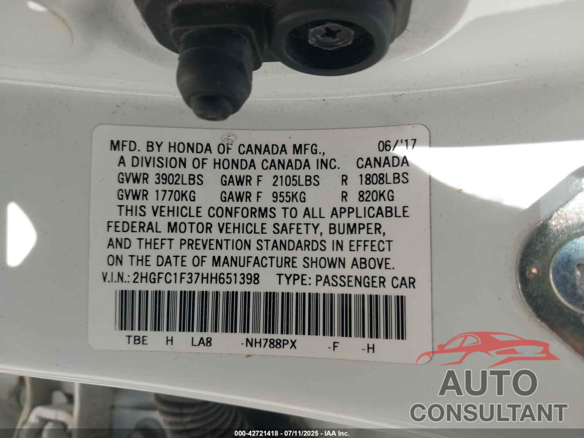 HONDA CIVIC 2017 - 2HGFC1F37HH651398