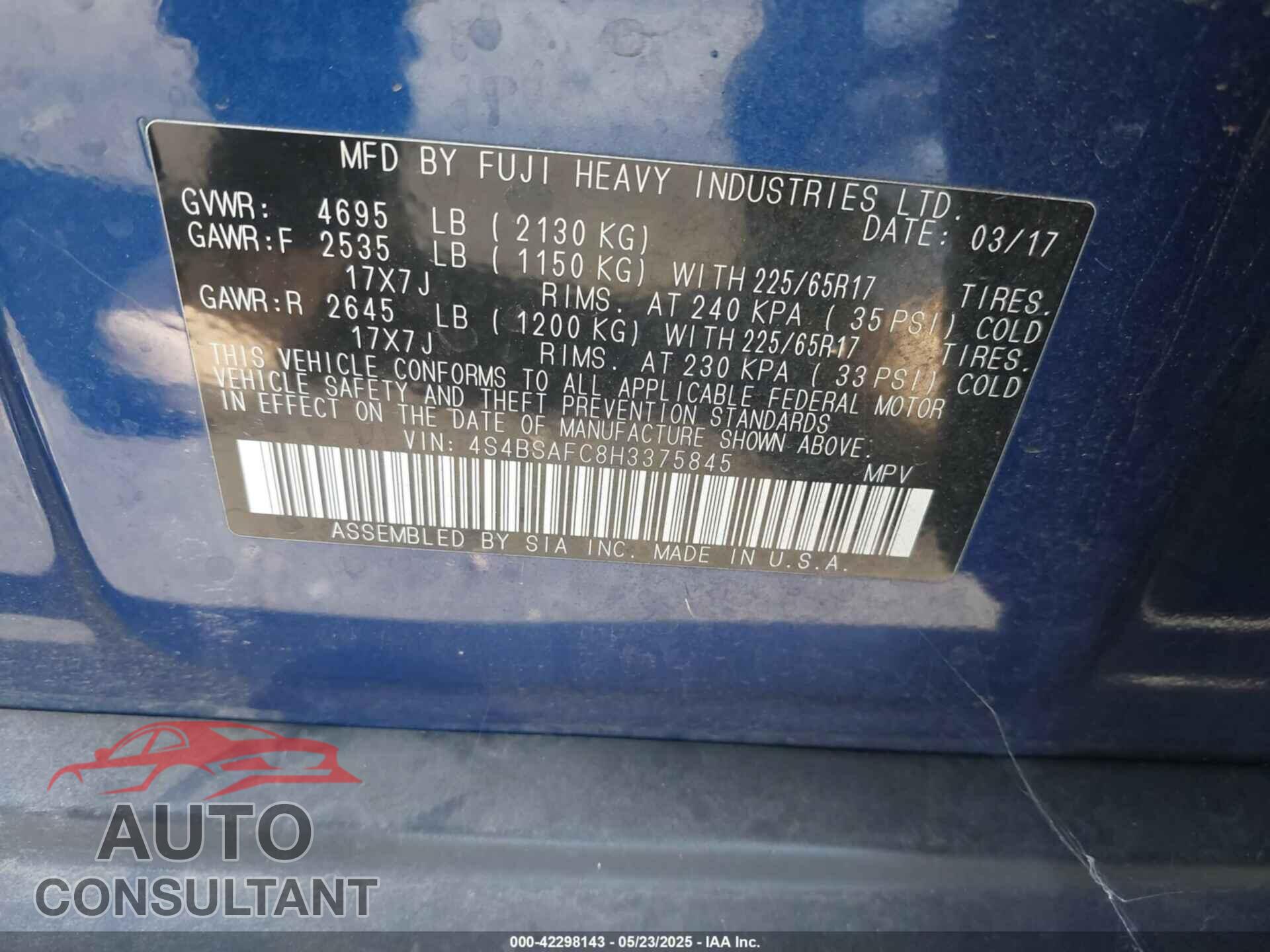 SUBARU OUTBACK 2017 - 4S4BSAFC8H3375845