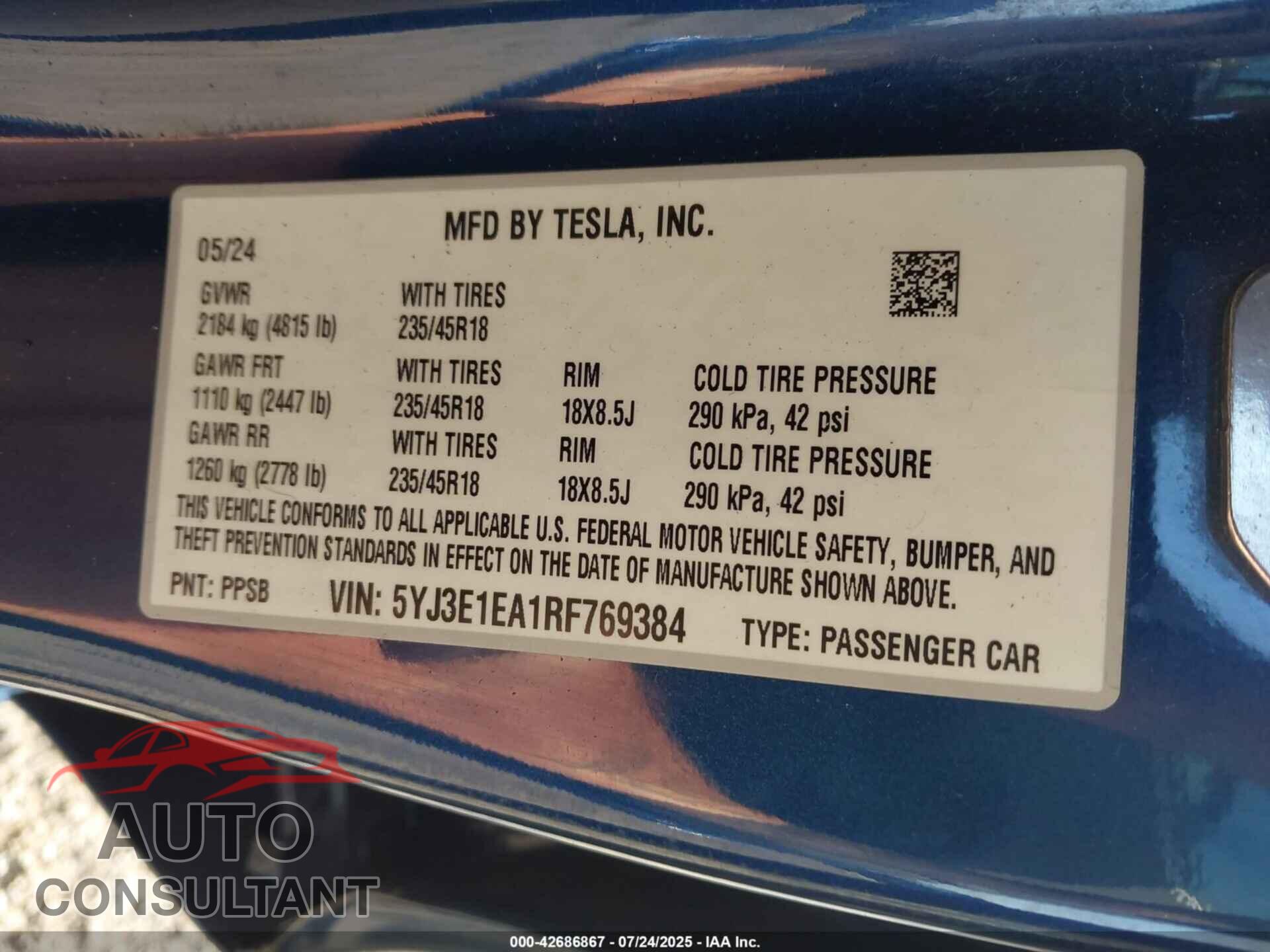 TESLA MODEL 3 2024 - 5YJ3E1EA1RF769384