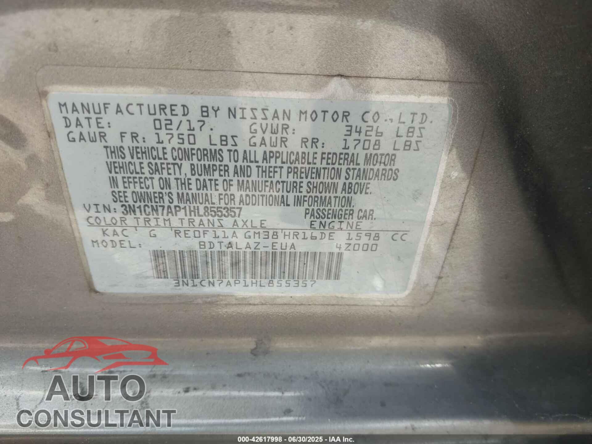 NISSAN VERSA 2017 - 3N1CN7AP1HL855357