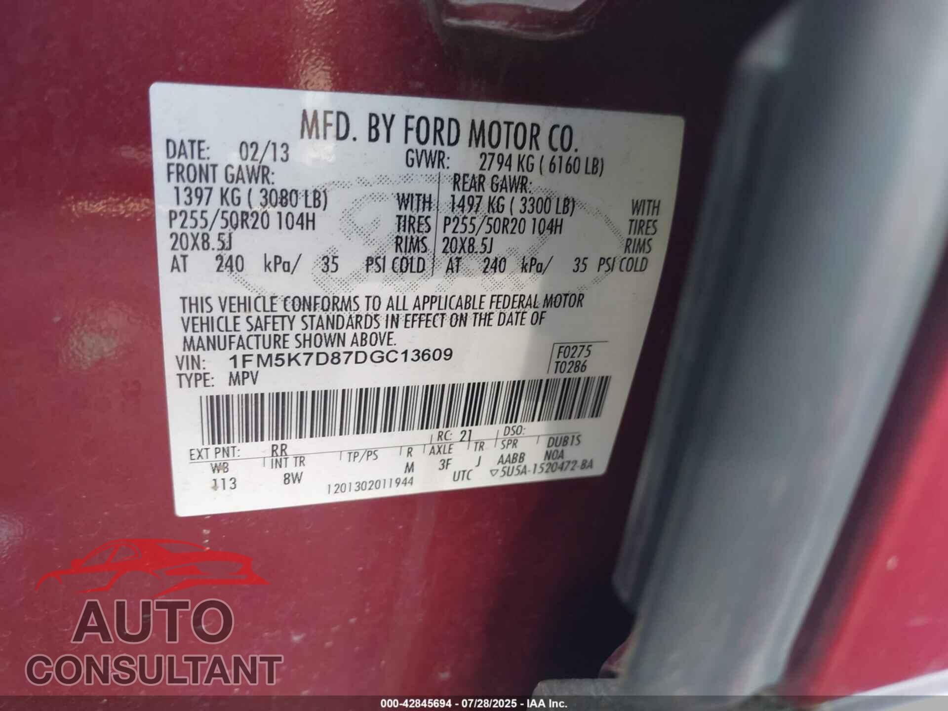 FORD EXPLORER 2013 - 1FM5K7D87DGC13609