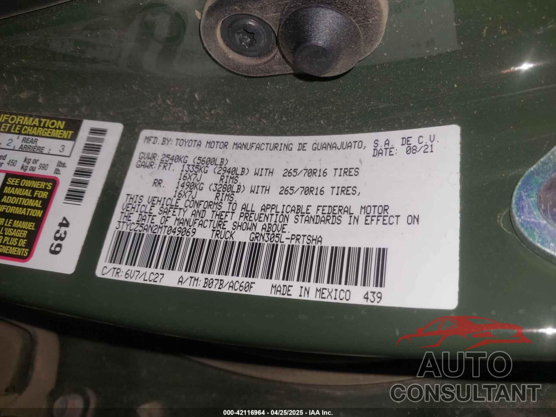 TOYOTA TACOMA 4WD 2021 - 3TYCZ5AN2MT049069