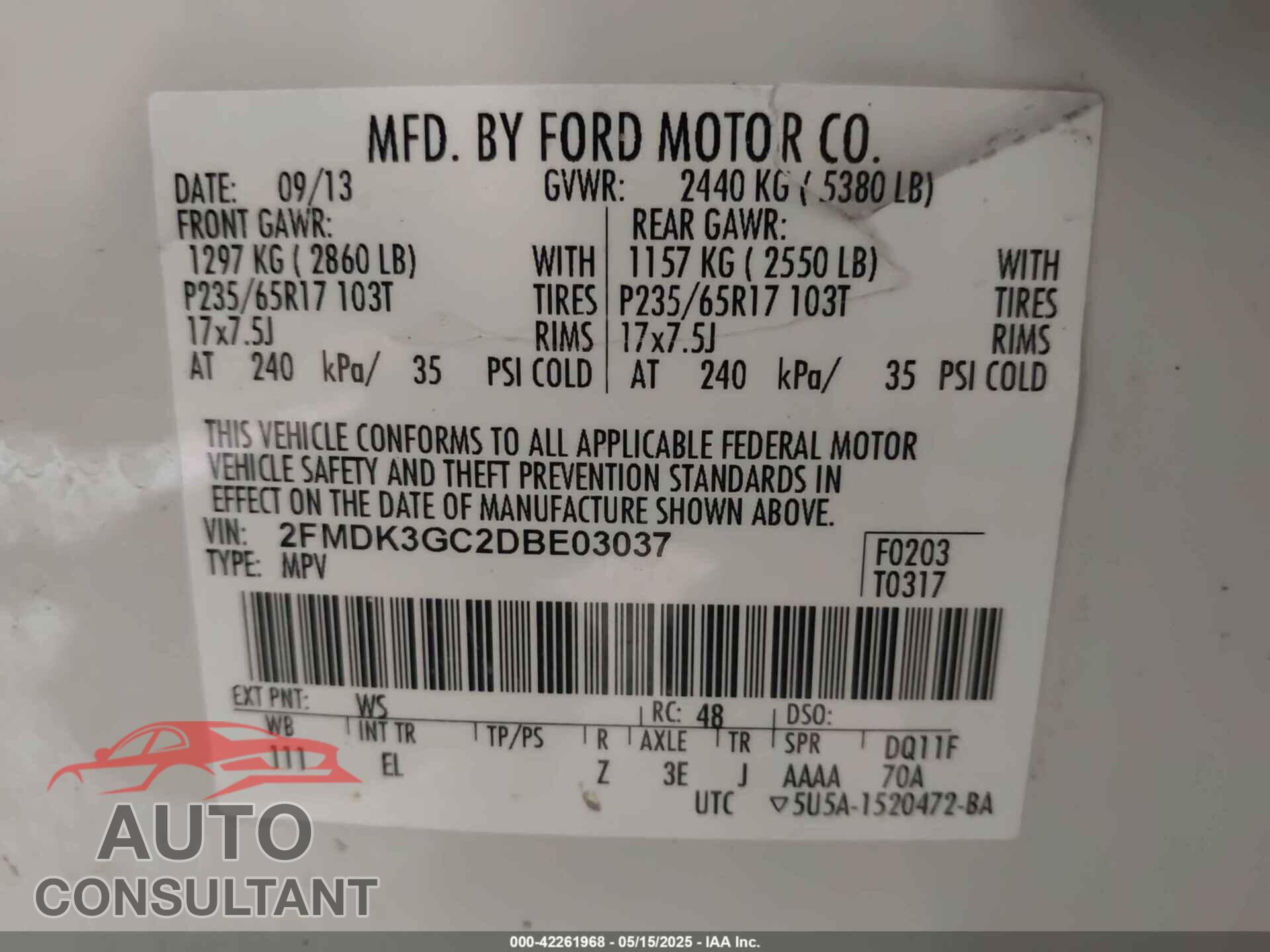 FORD EDGE 2013 - 2FMDK3GC2DBE03037