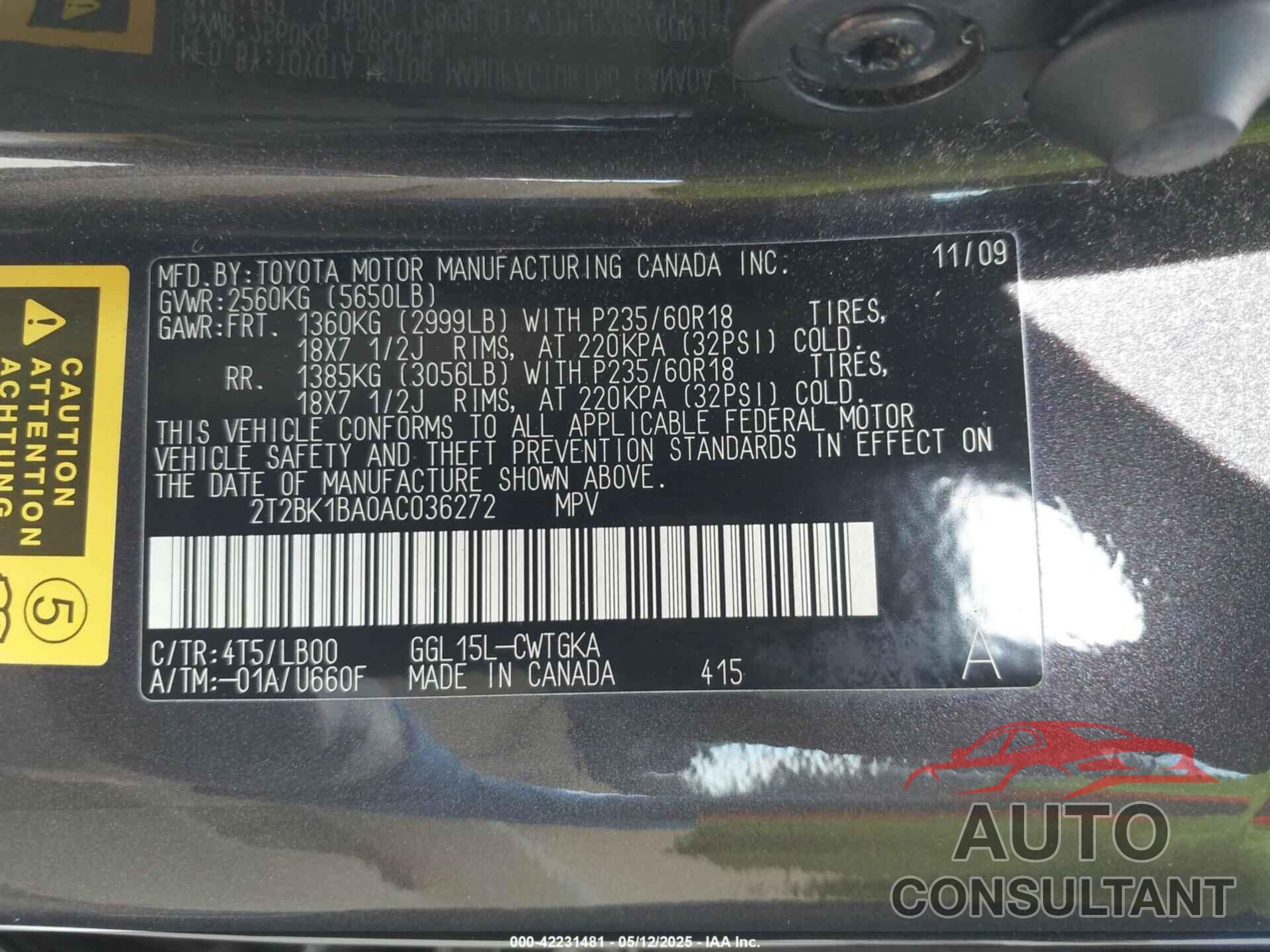 LEXUS RX 350 2010 - 2T2BK1BA0AC036272