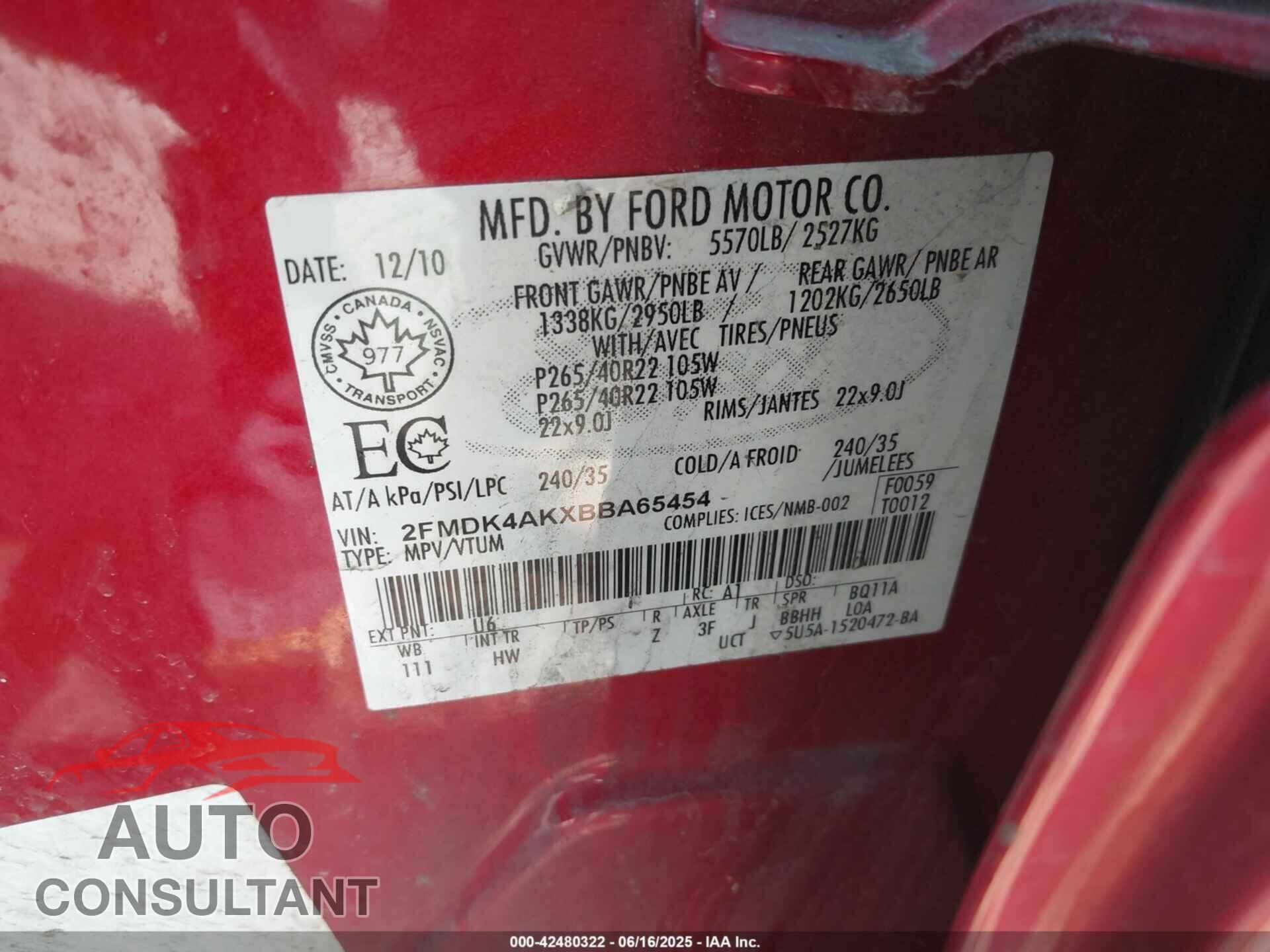 FORD EDGE 2011 - 2FMDK4AKXBBA65454