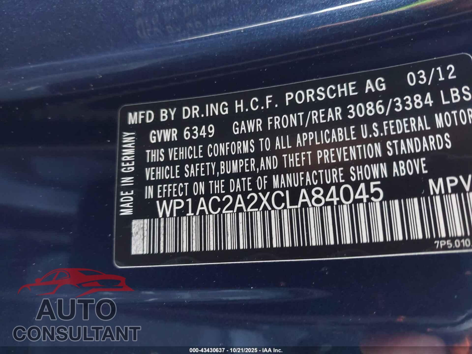 PORSCHE CAYENNE 2012 - WP1AC2A2XCLA84045