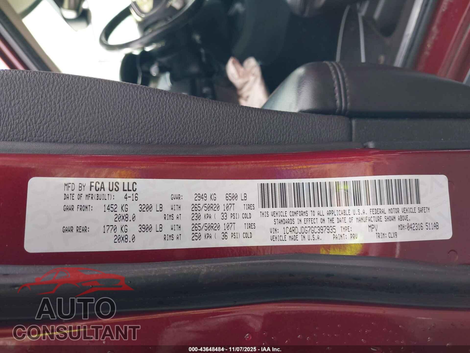 DODGE DURANGO 2016 - 1C4RDJDG7GC397935