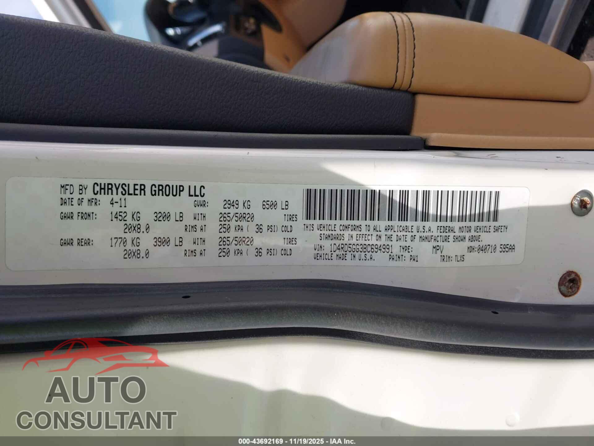 DODGE DURANGO 2011 - 1D4RD5GG3BC694991