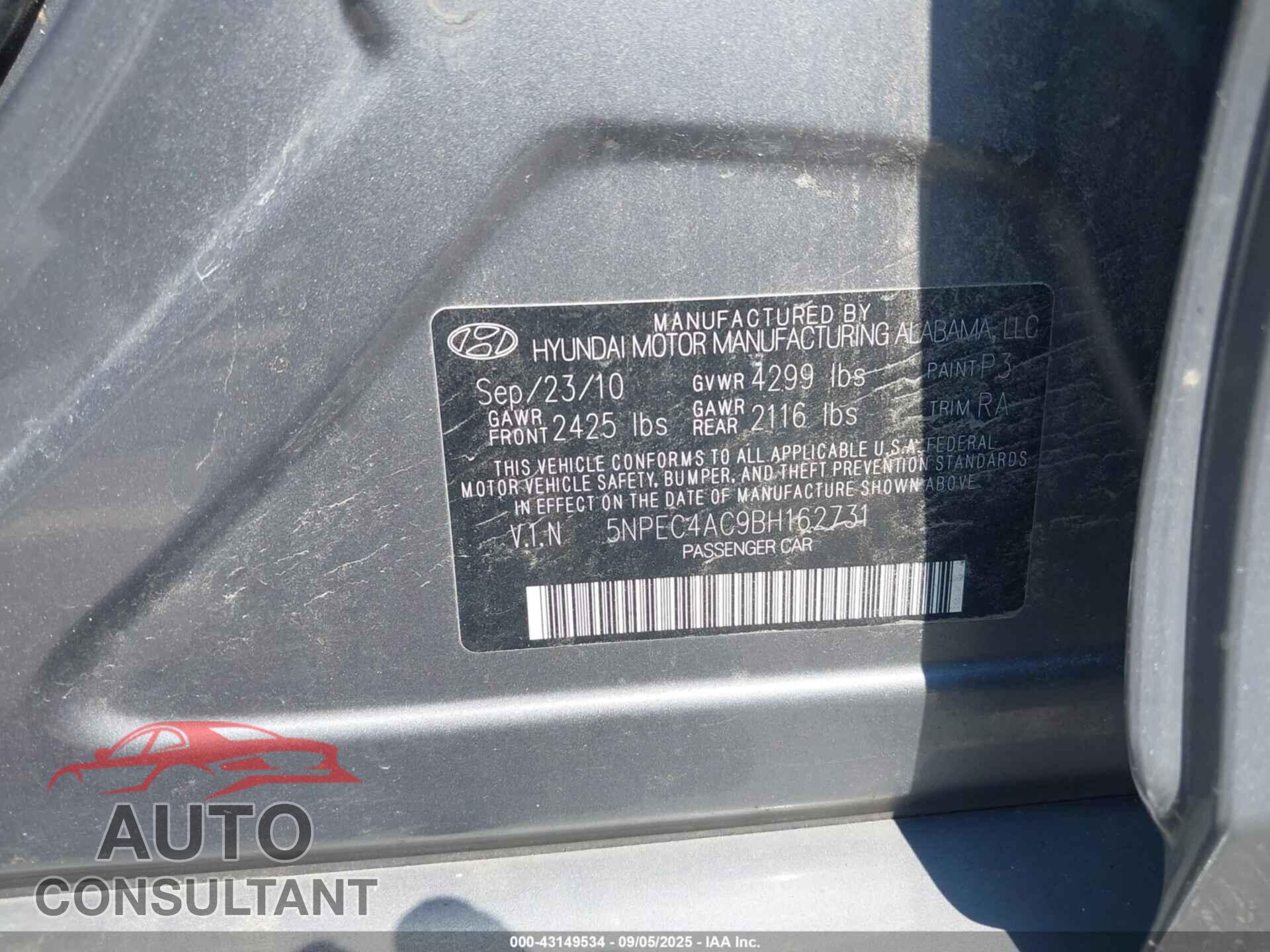 HYUNDAI SONATA 2011 - 5NPEC4AC9BH162731