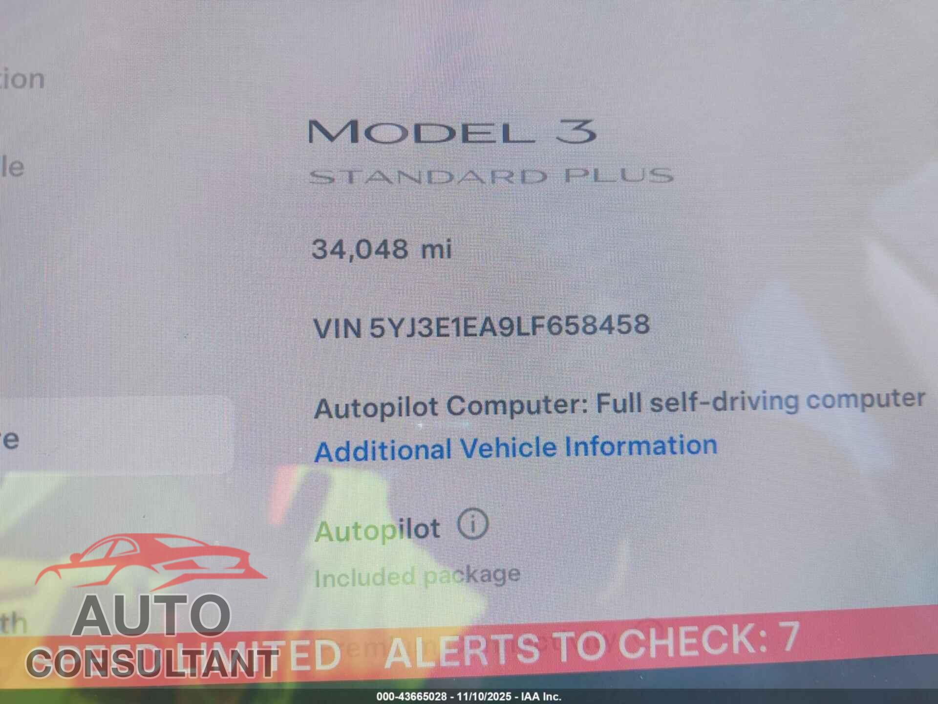 TESLA MODEL 3 2020 - 5YJ3E1EA9LF658458
