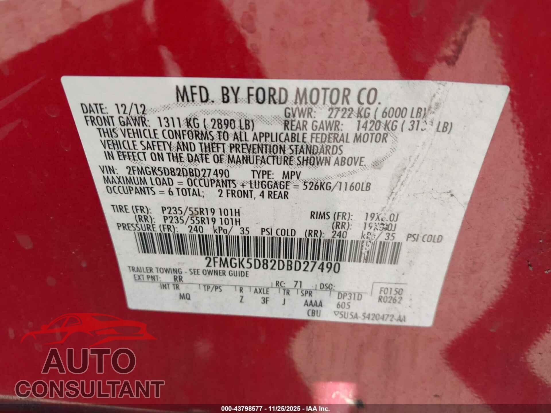 FORD FLEX 2013 - 2FMGK5D82DBD27490