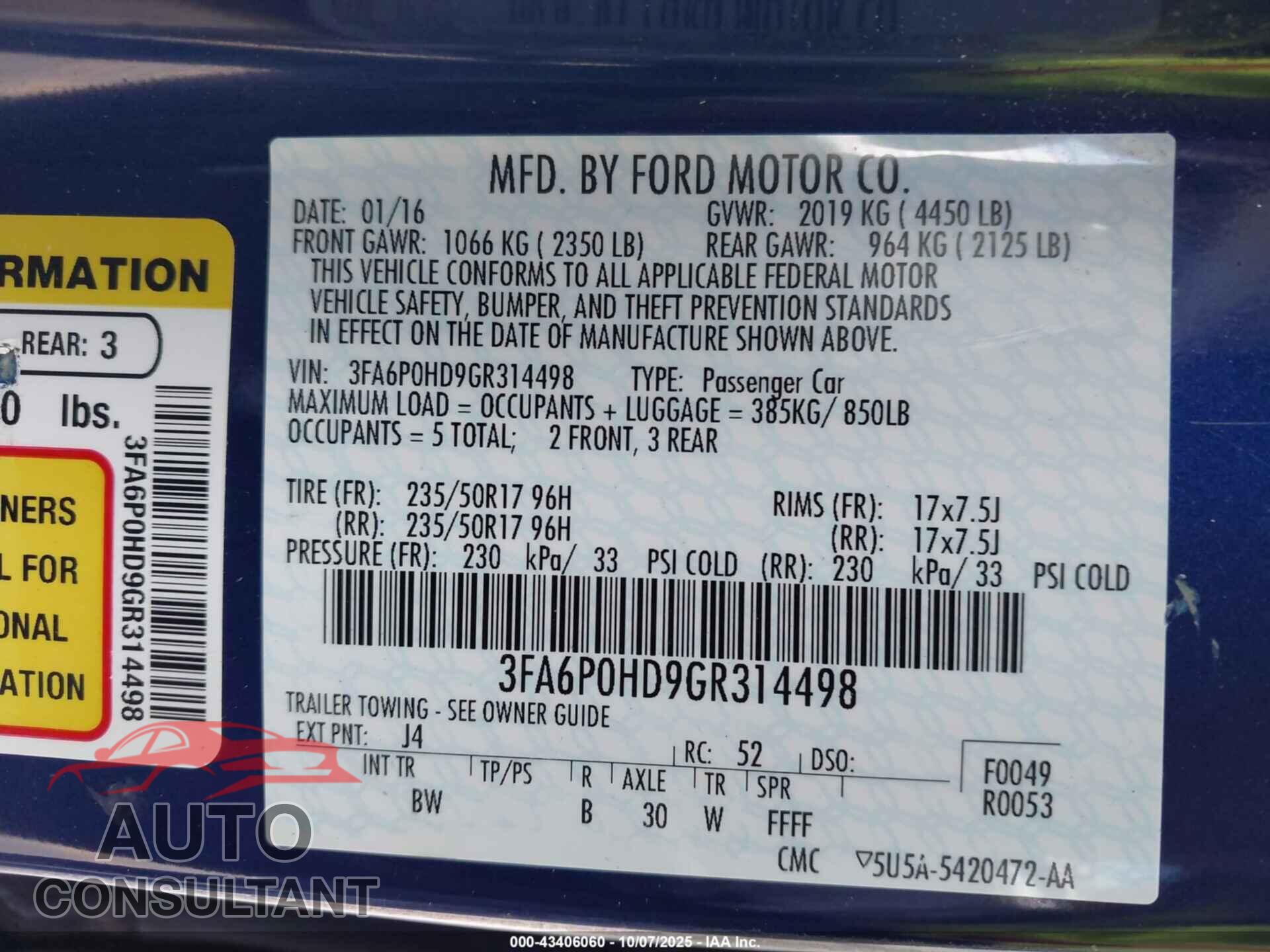 FORD FUSION 2016 - 3FA6P0HD9GR314498
