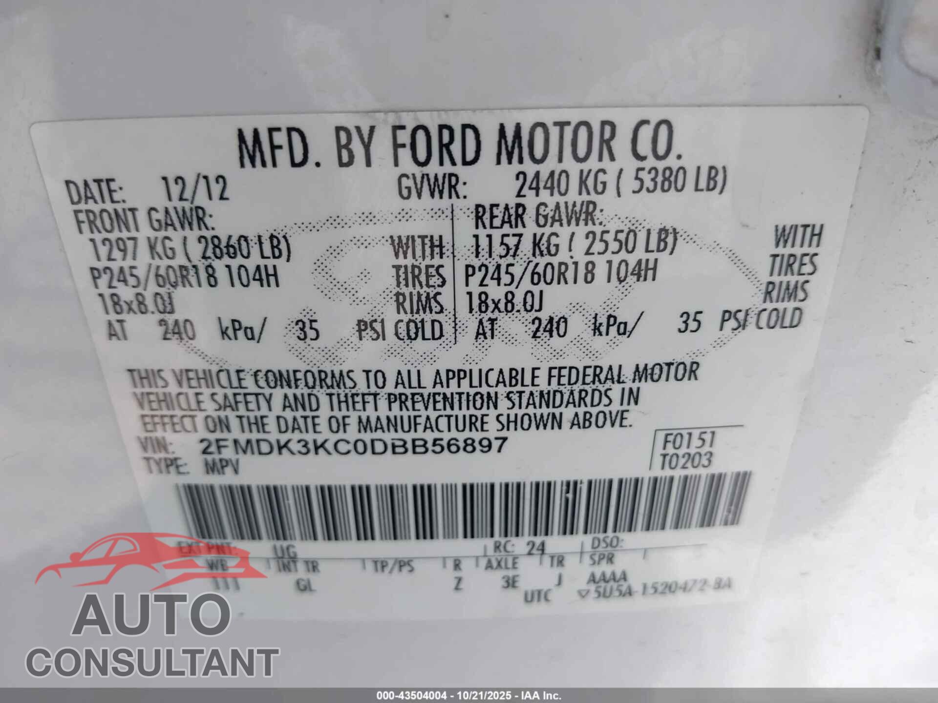 FORD EDGE 2013 - 2FMDK3KC0DBB56897