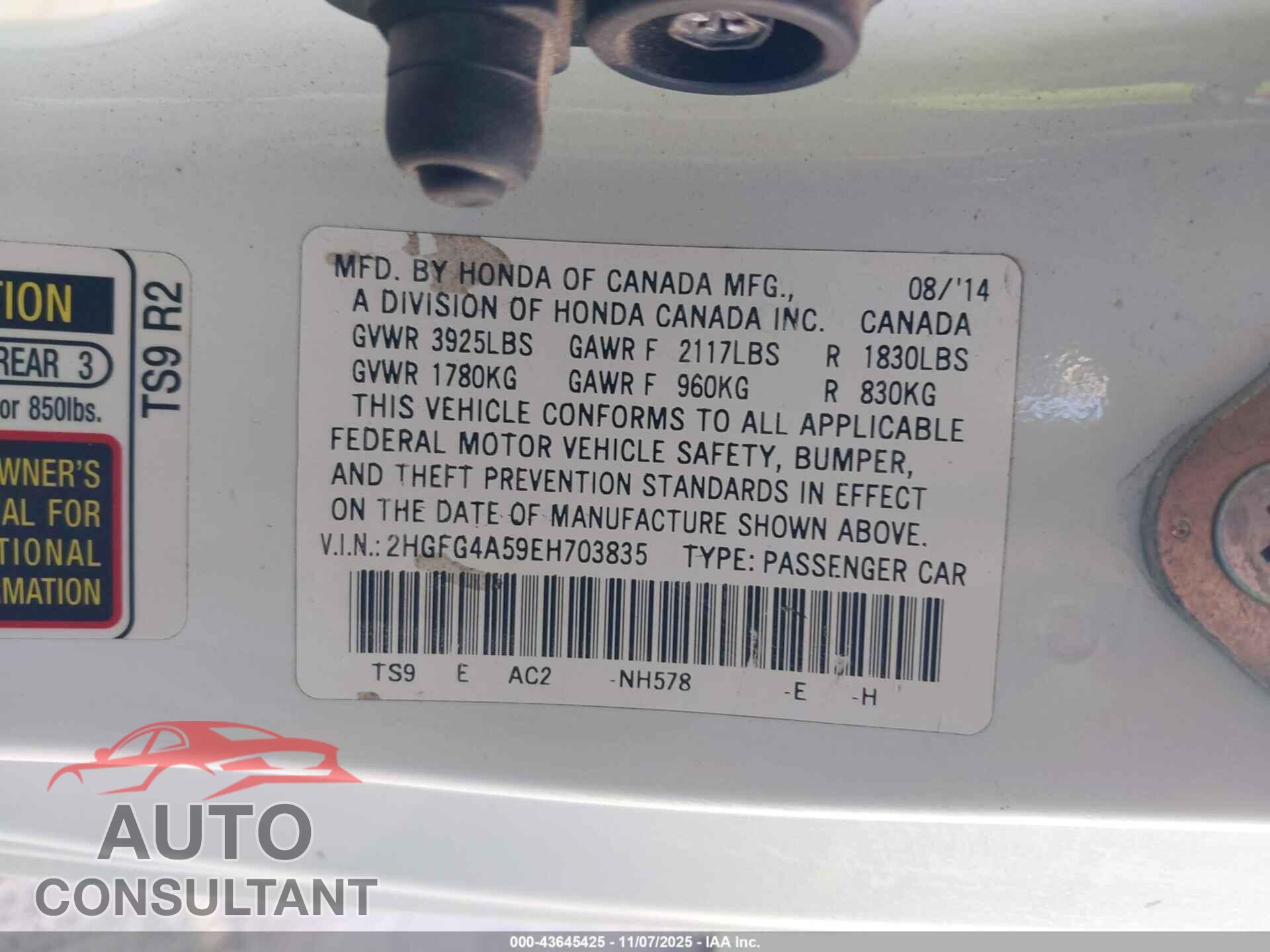 HONDA CIVIC 2014 - 2HGFG4A59EH703835