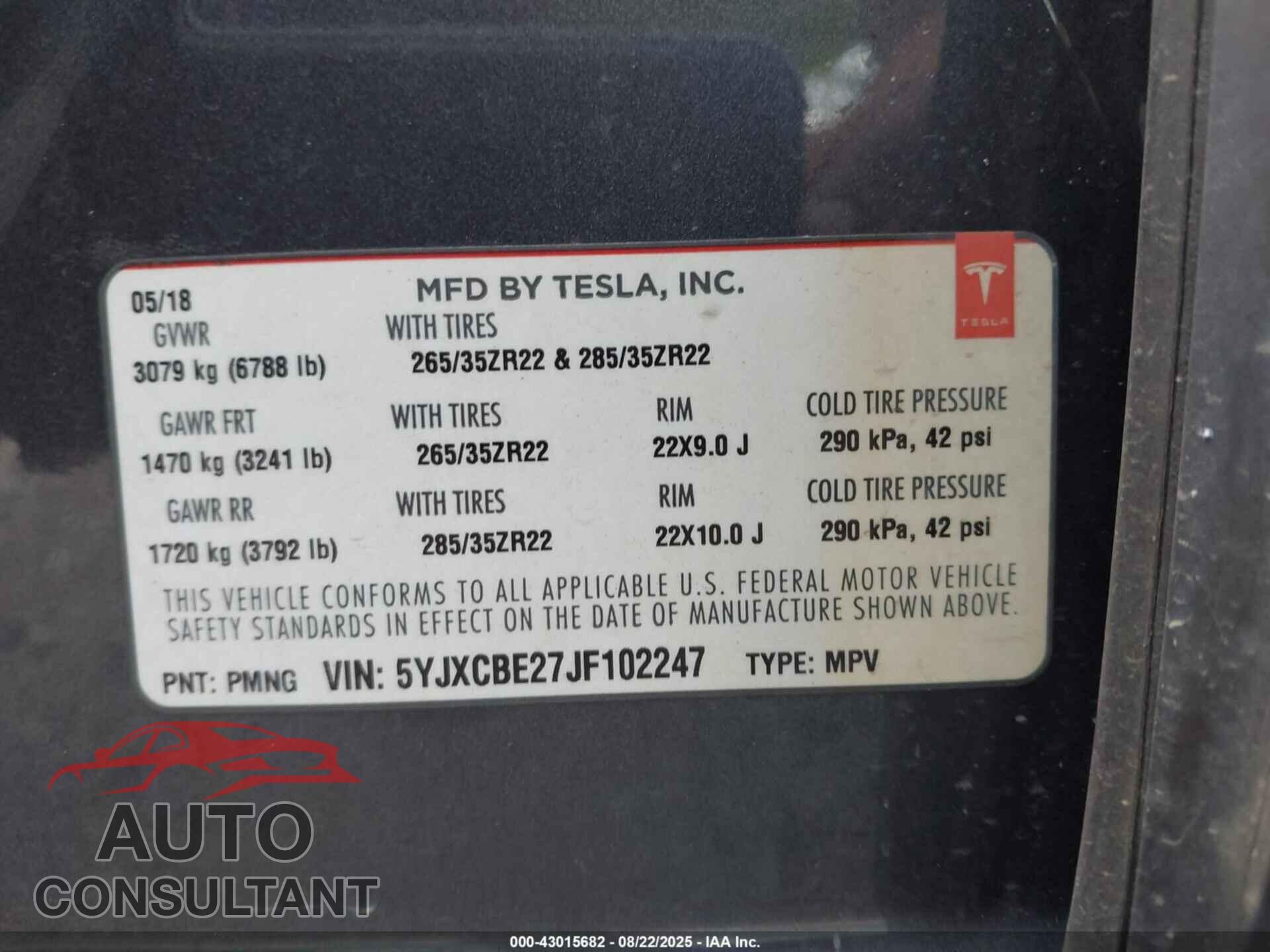 TESLA MODEL X 2018 - 5YJXCBE27JF102247