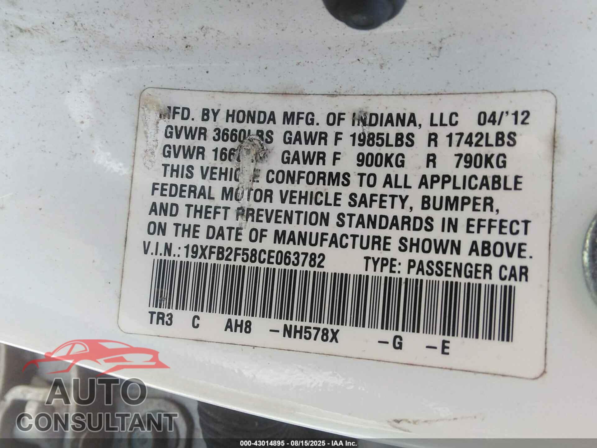 HONDA CIVIC 2012 - 19XFB2F58CE063782