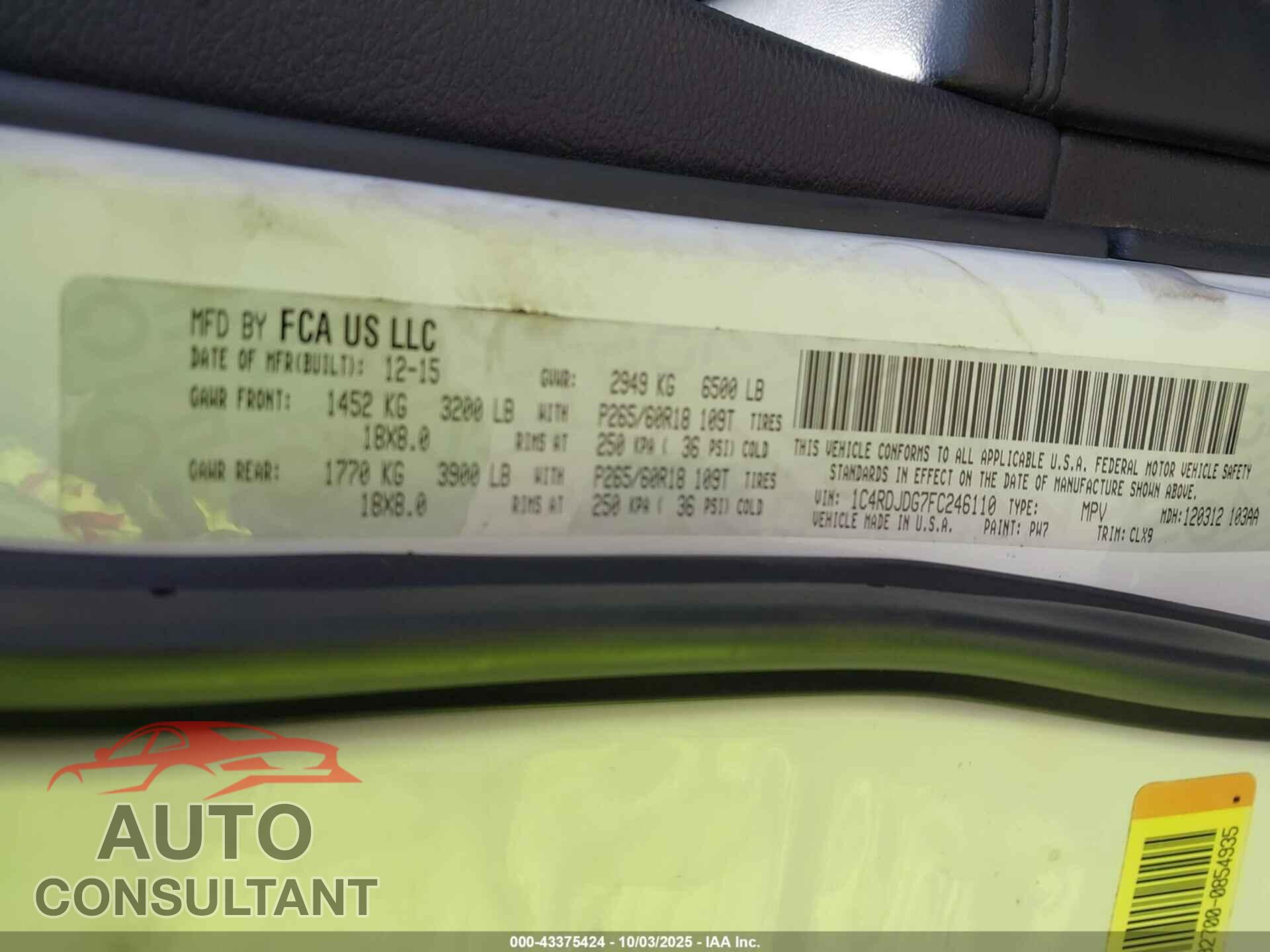 DODGE DURANGO 2015 - 1C4RDJDG7FC246110