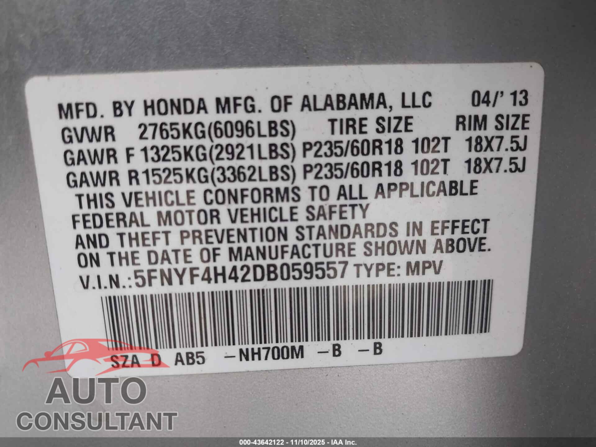 HONDA PILOT 2013 - 5FNYF4H42DB059557