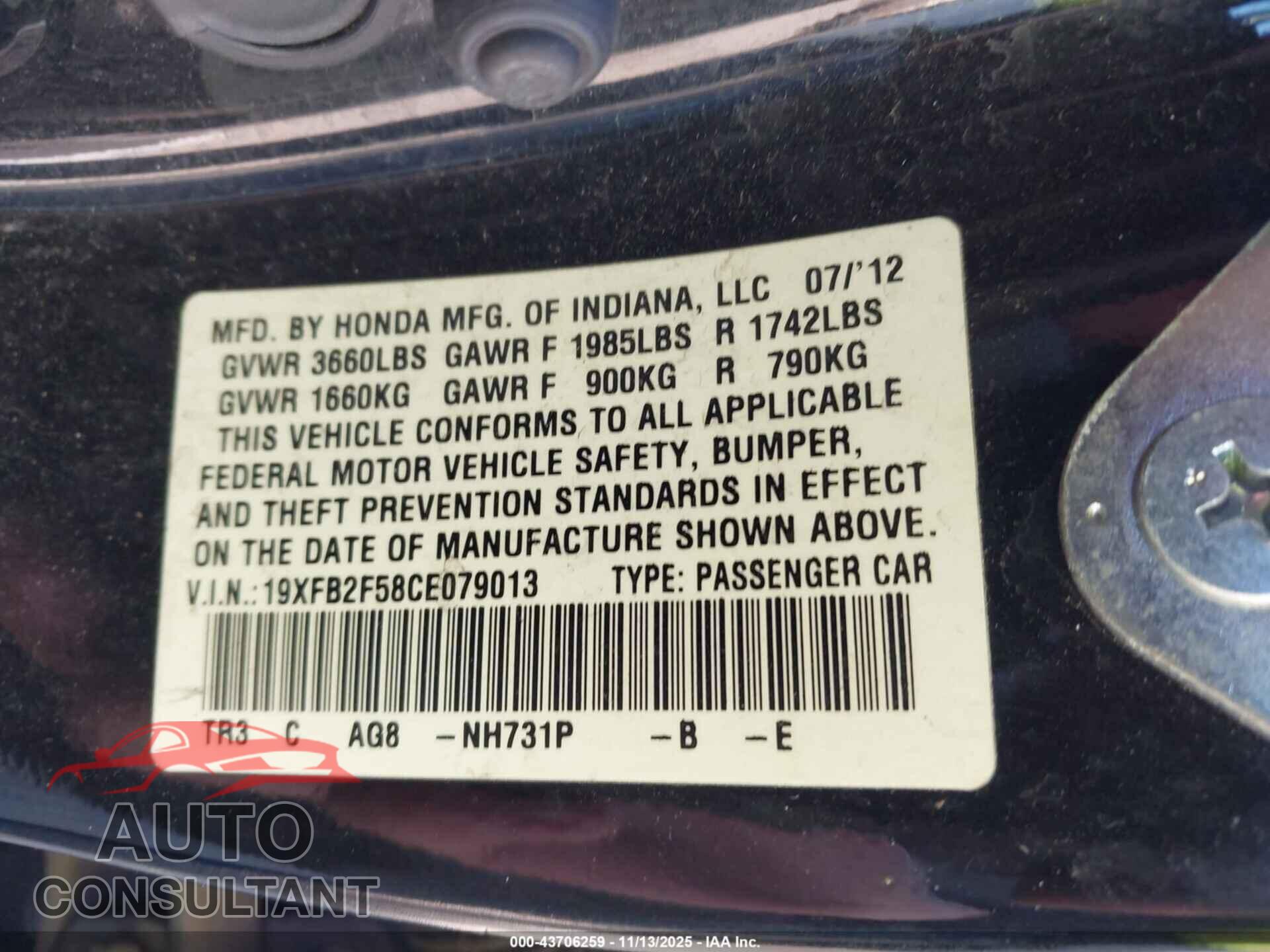 HONDA CIVIC 2012 - 19XFB2F58CE079013