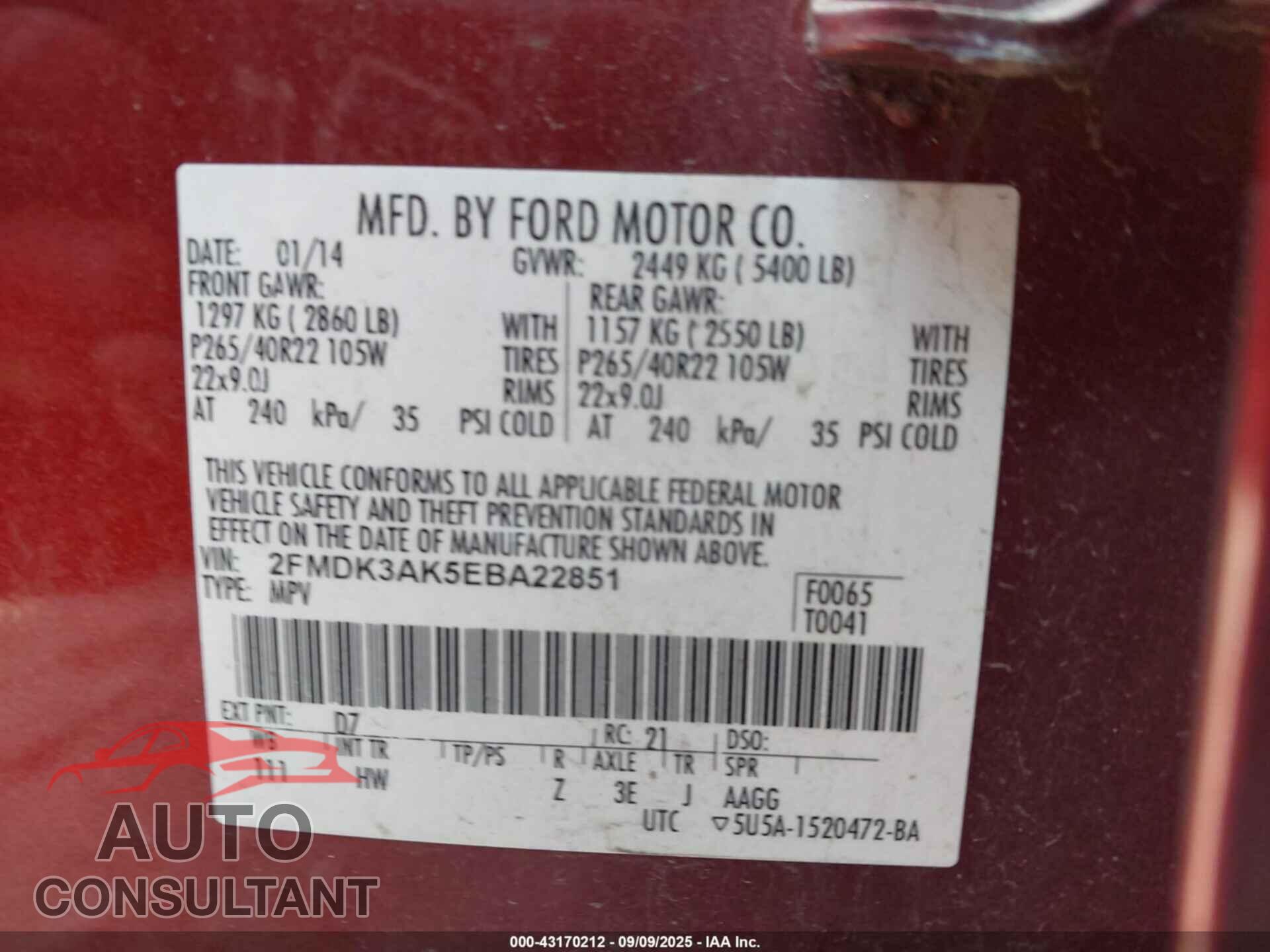 FORD EDGE 2014 - 2FMDK3AK5EBA22851