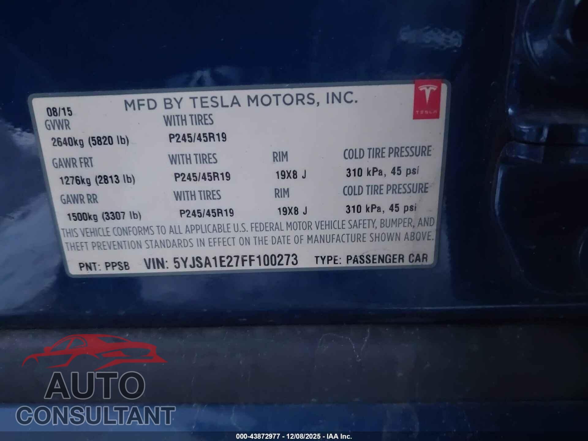 TESLA MODEL S 2015 - 5YJSA1E27FF100273