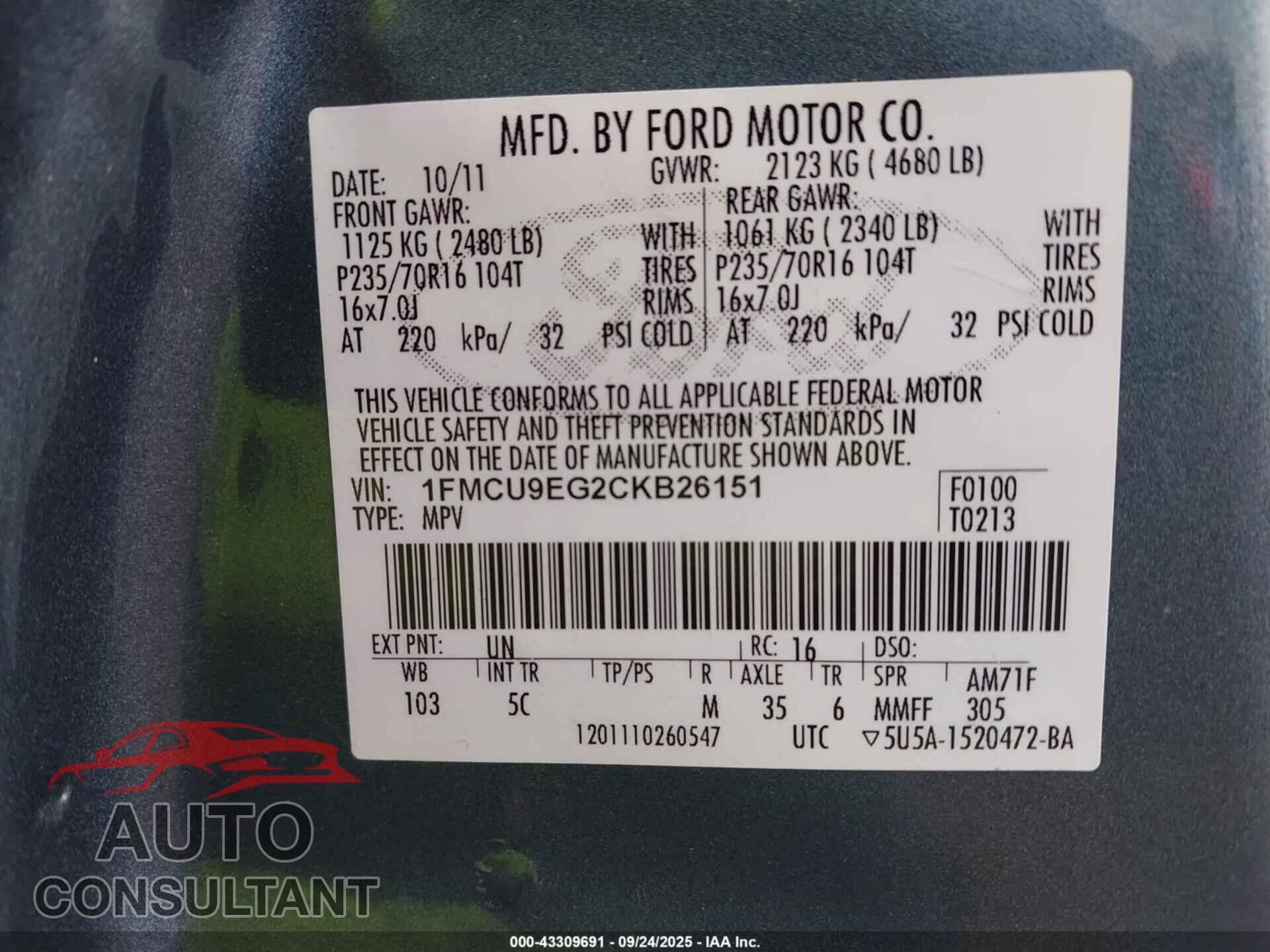 FORD ESCAPE 2012 - 1FMCU9EG2CKB26151