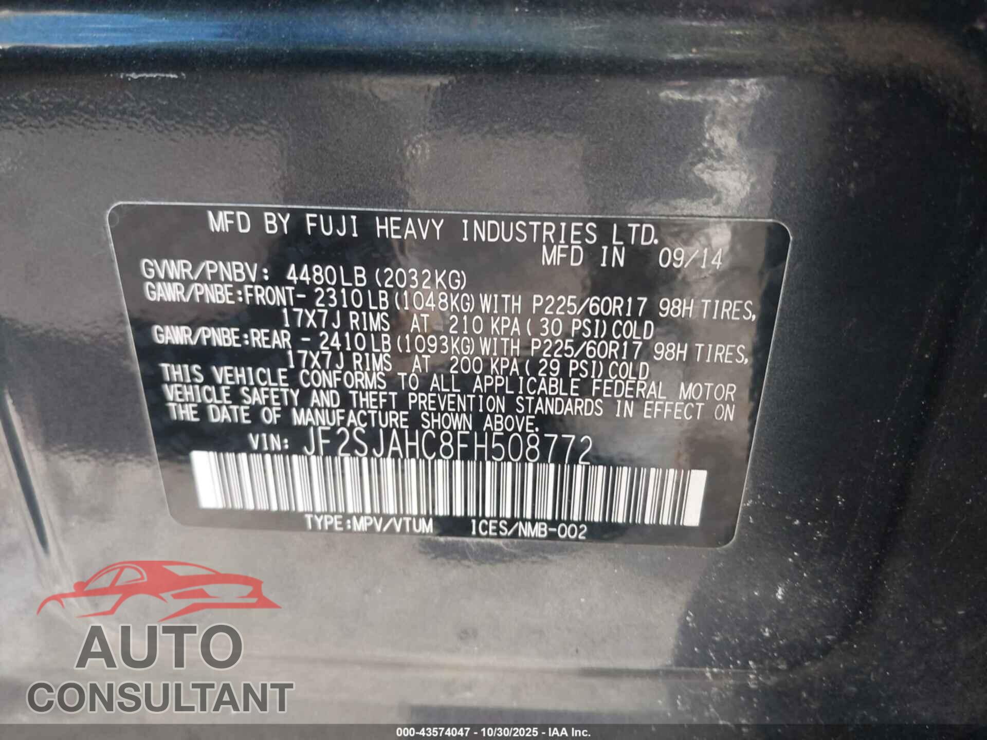 SUBARU FORESTER 2015 - JF2SJAHC8FH508772