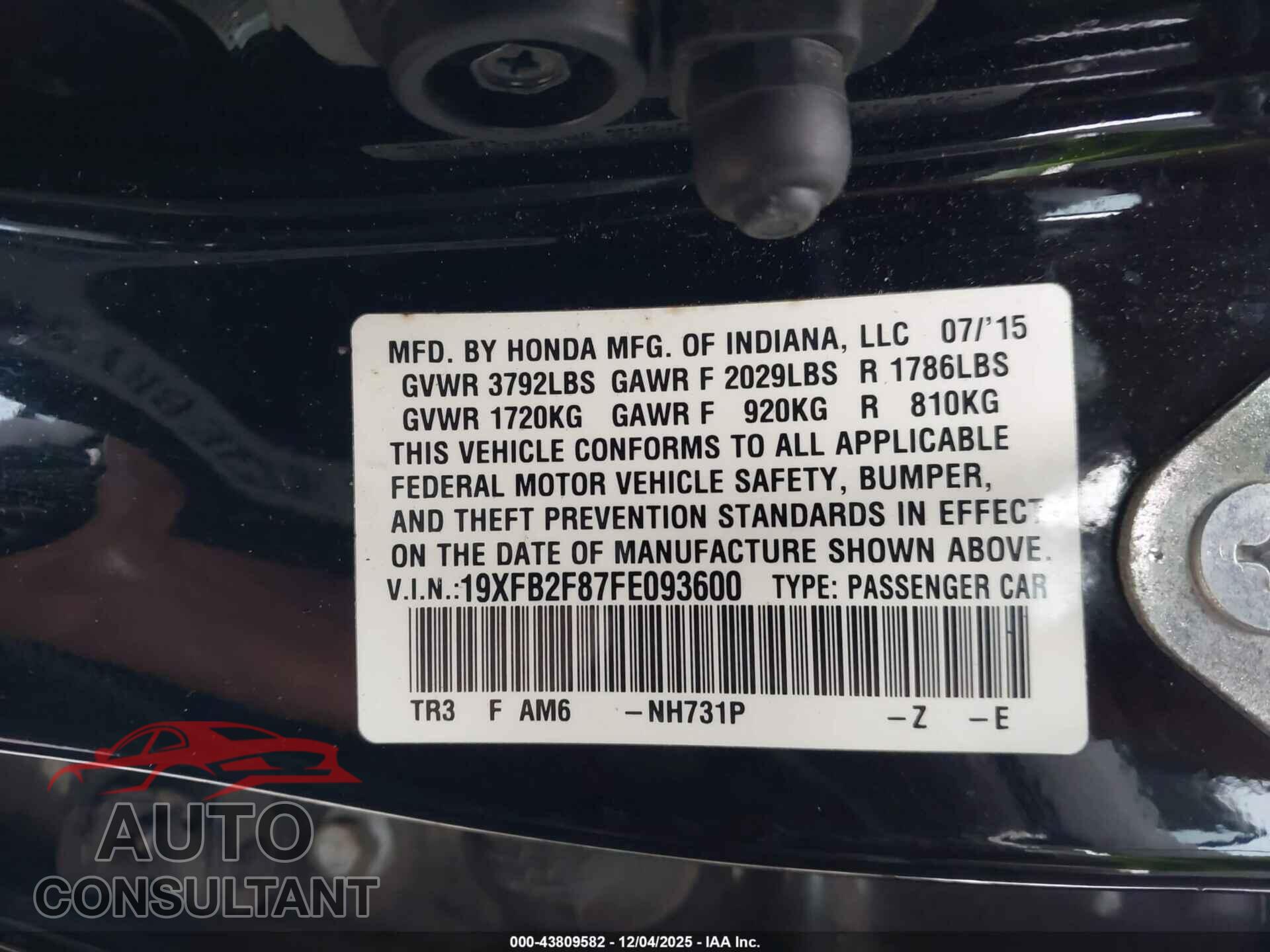 HONDA CIVIC 2015 - 19XFB2F87FE093600