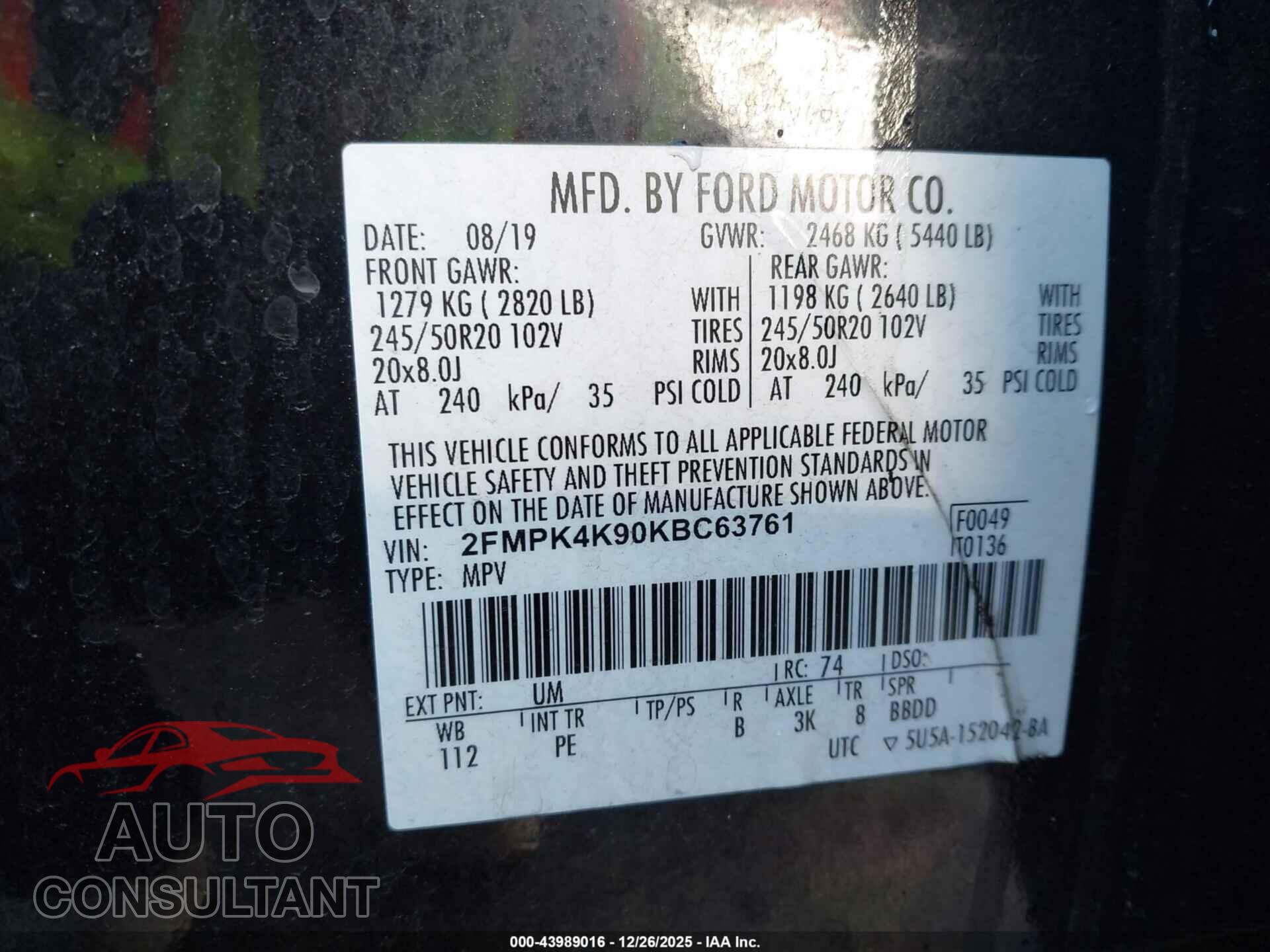 FORD EDGE 2019 - 2FMPK4K90KBC63761