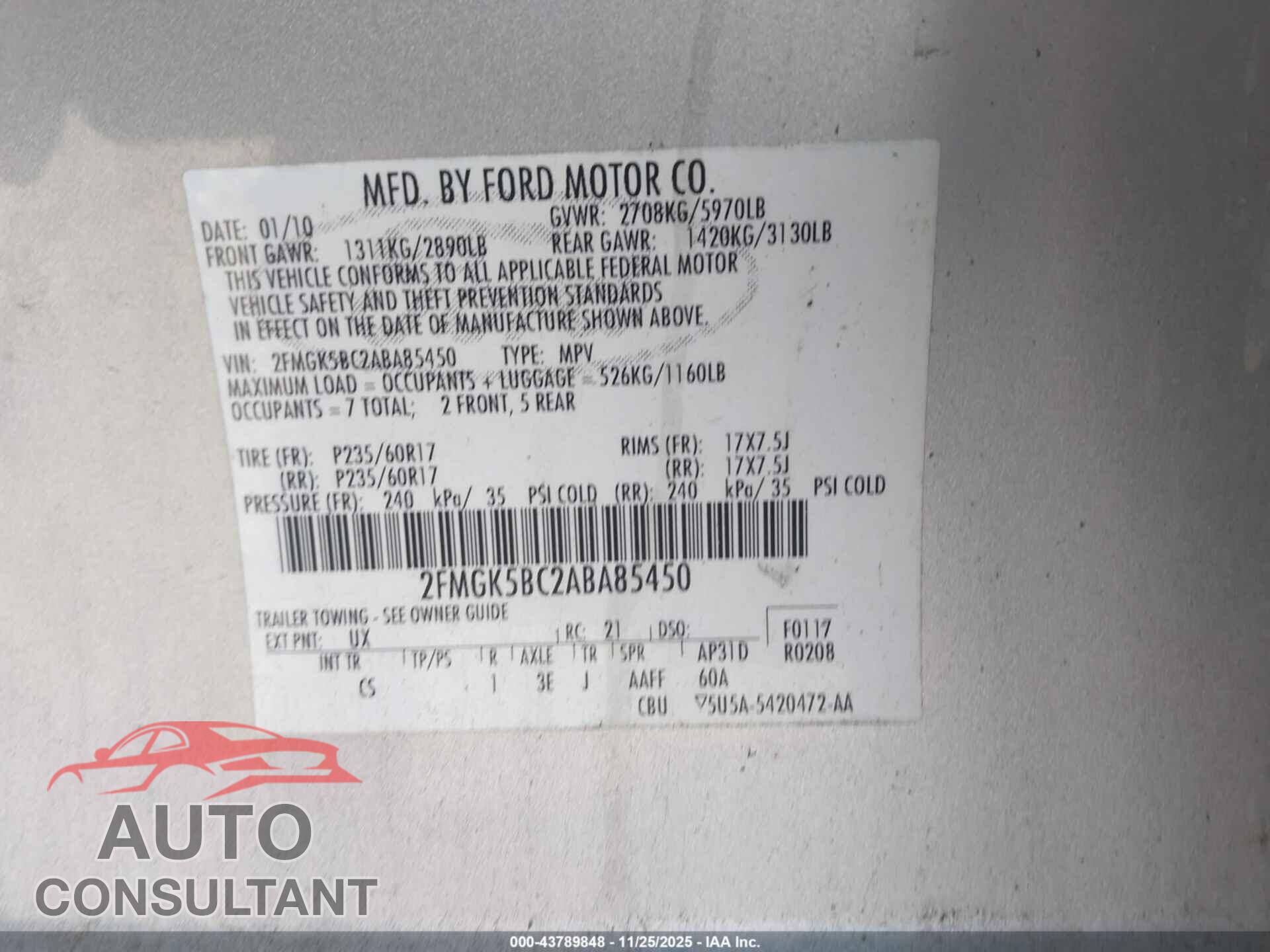 FORD FLEX 2010 - 2FMGK5BC2ABA85450
