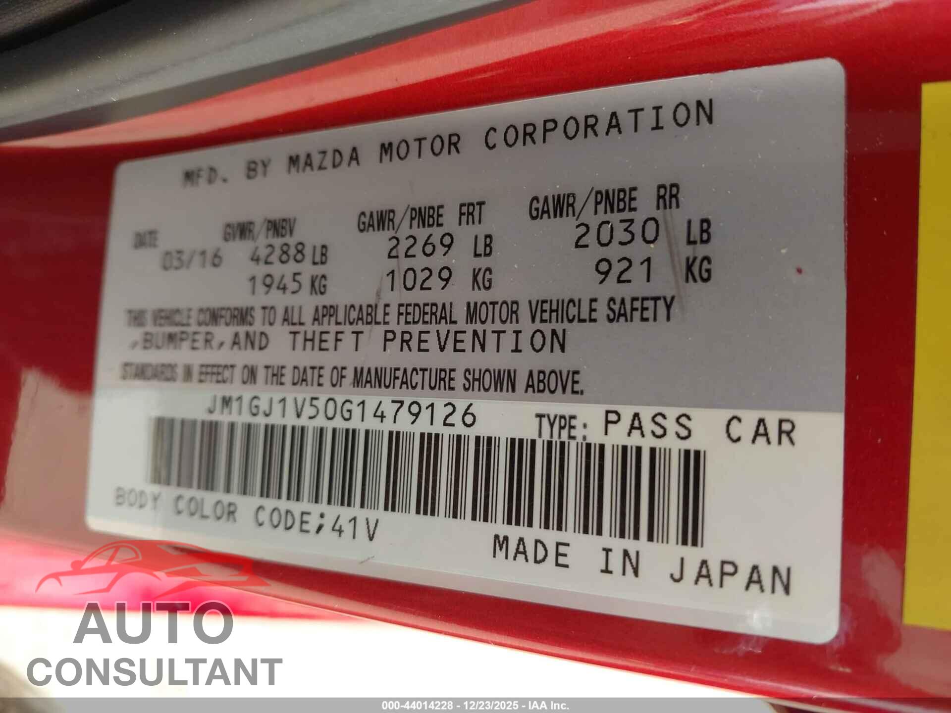 MAZDA MAZDA6 2016 - JM1GJ1V50G1479126