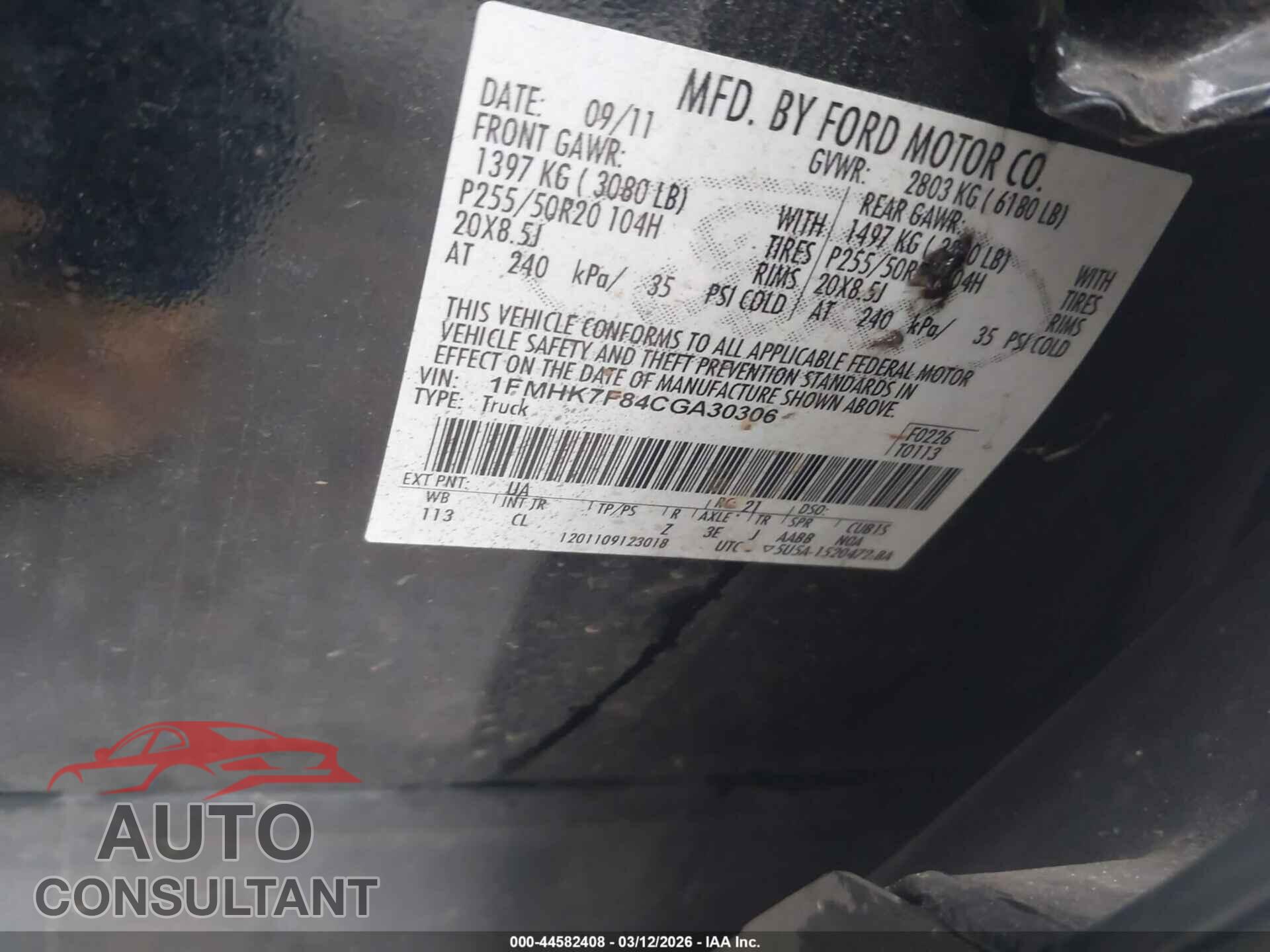 FORD EXPLORER 2012 - 1FMHK7F84CGA30306
