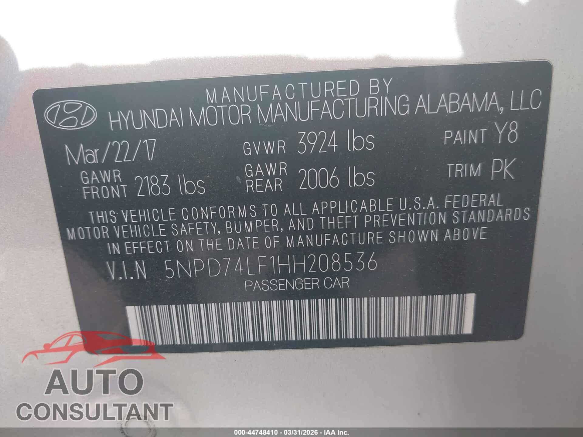 HYUNDAI ELANTRA 2017 - 5NPD74LF1HH208536