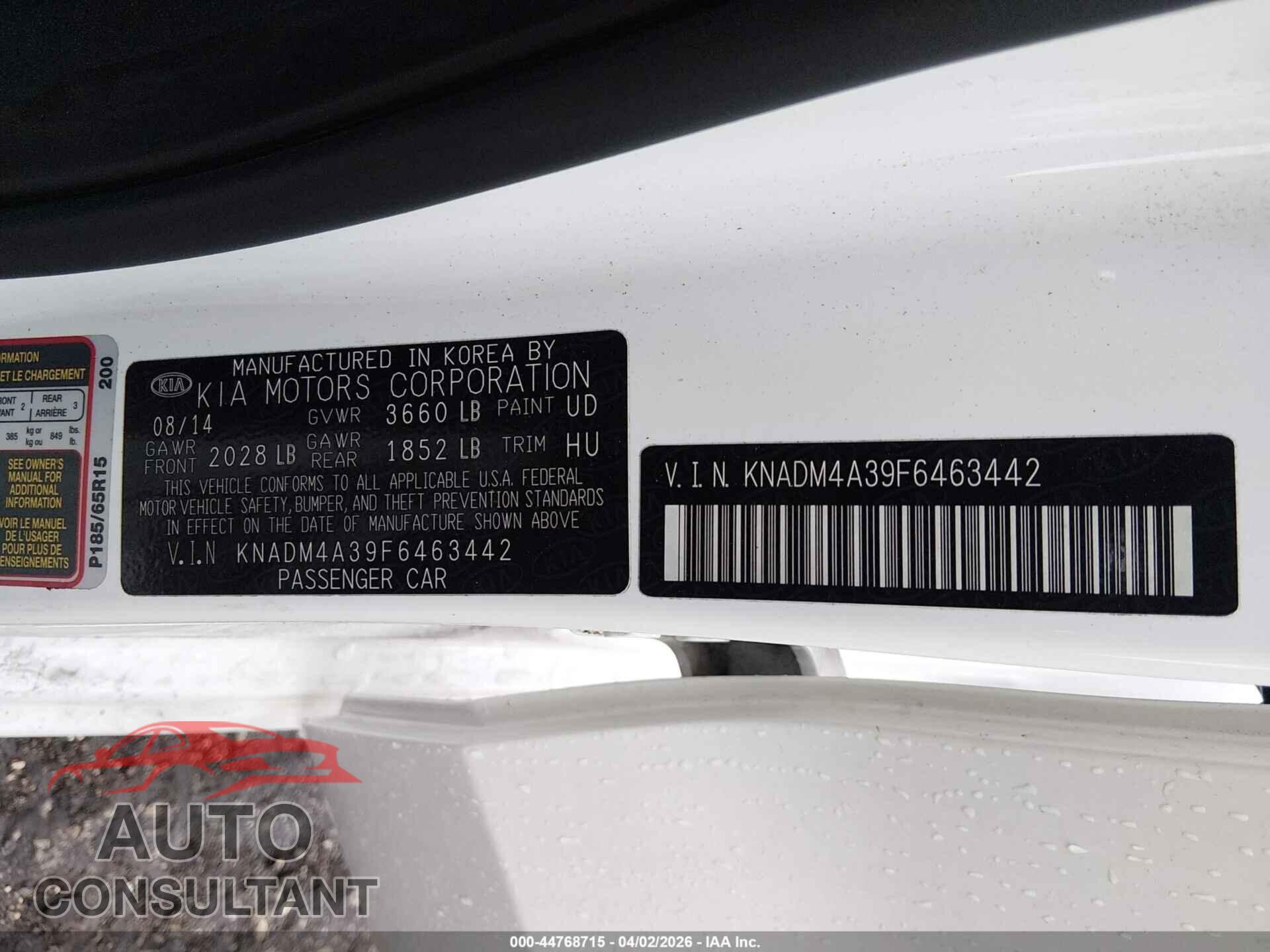KIA RIO 2015 - KNADM4A39F6463442