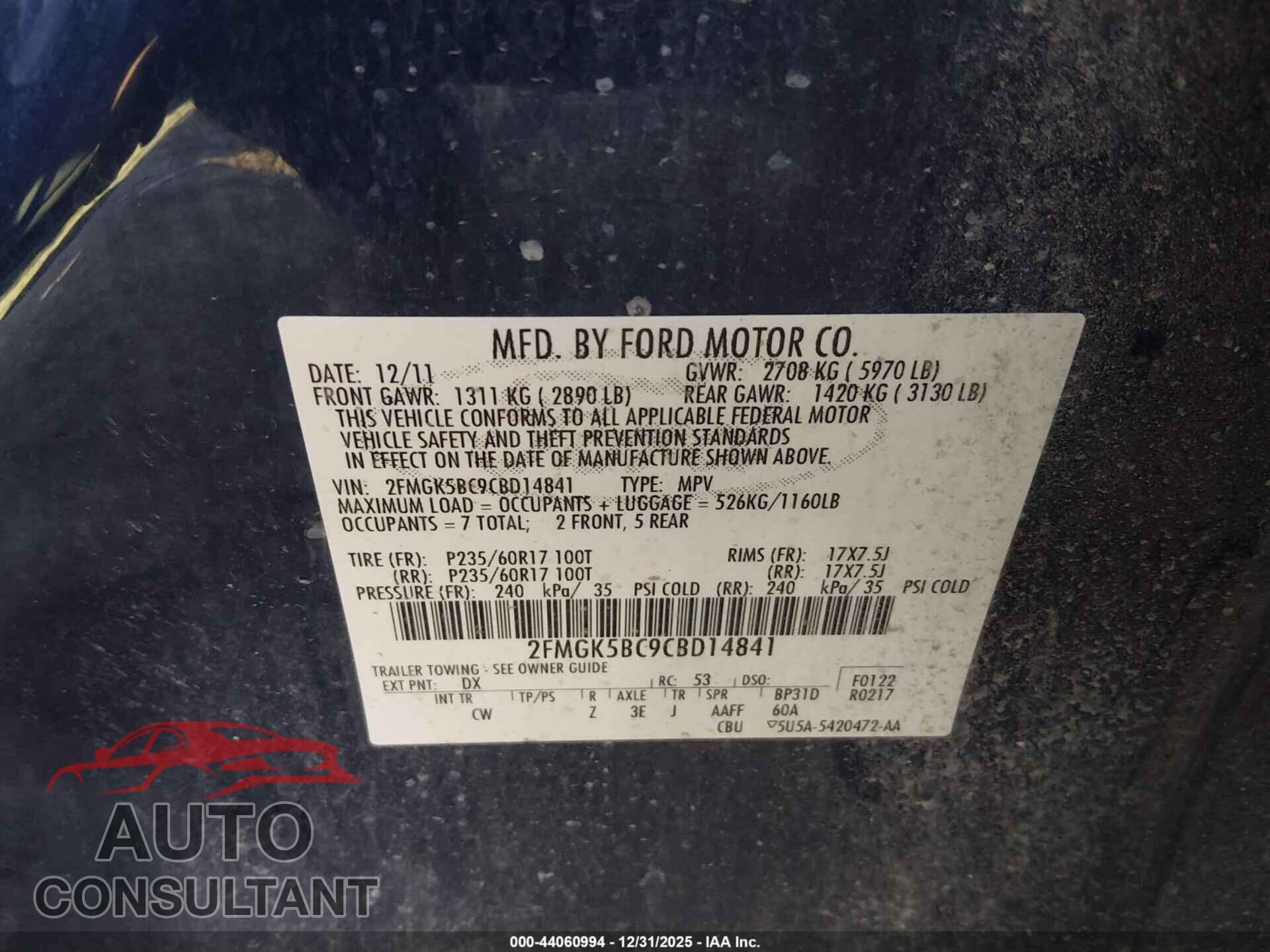 FORD FLEX 2012 - 2FMGK5BC9CBD14841