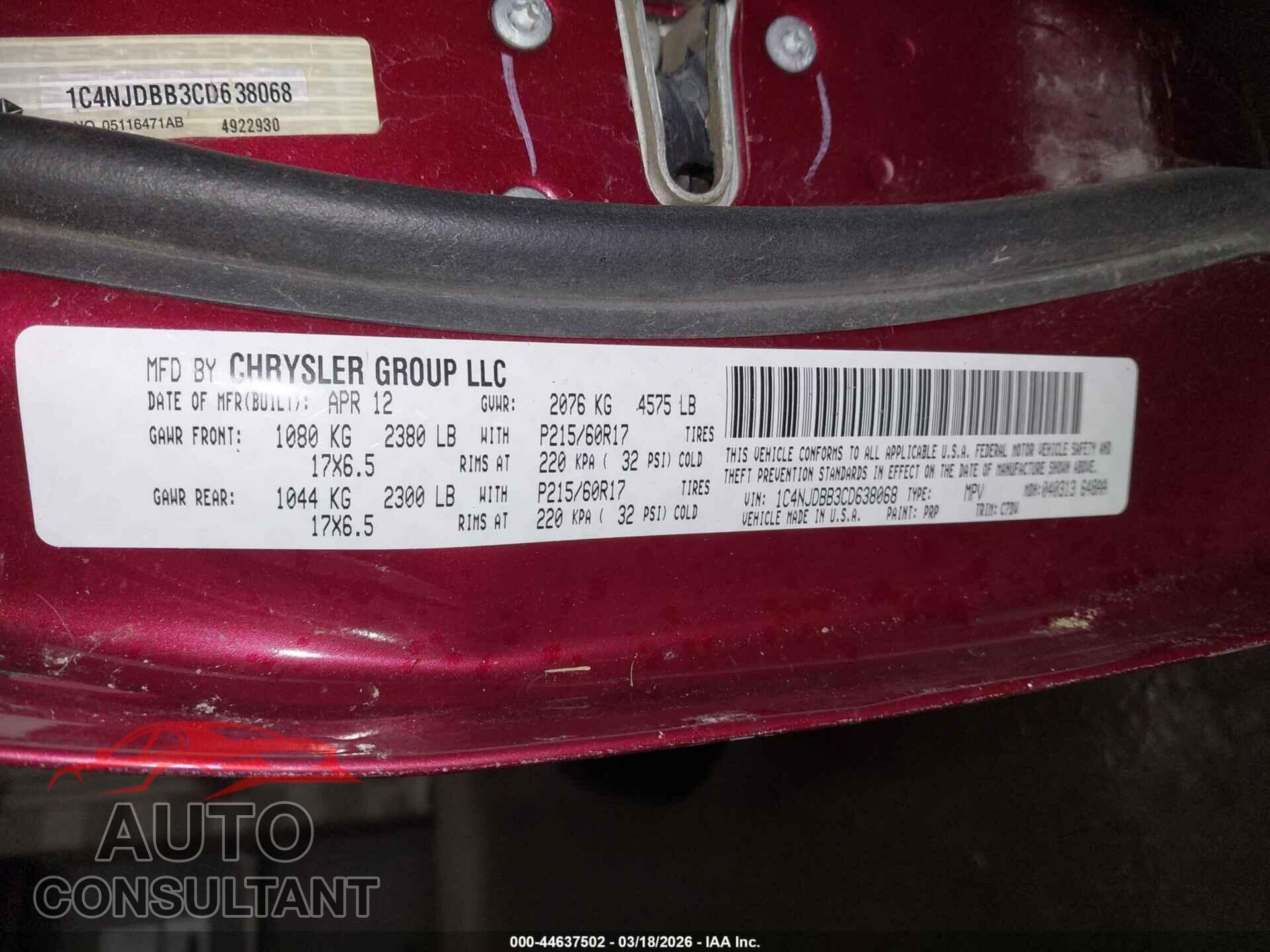 JEEP COMPASS 2012 - 1C4NJDBB3CD638068